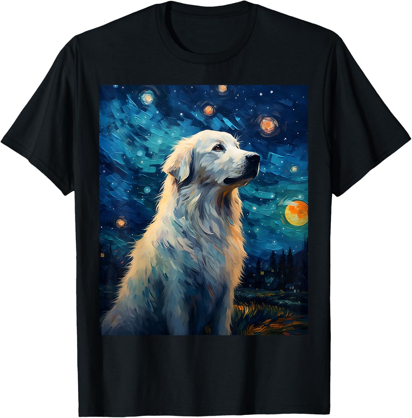 Surreal Starry Night Great Pyrenees Dog T-Shirt - T-Shirt | Black