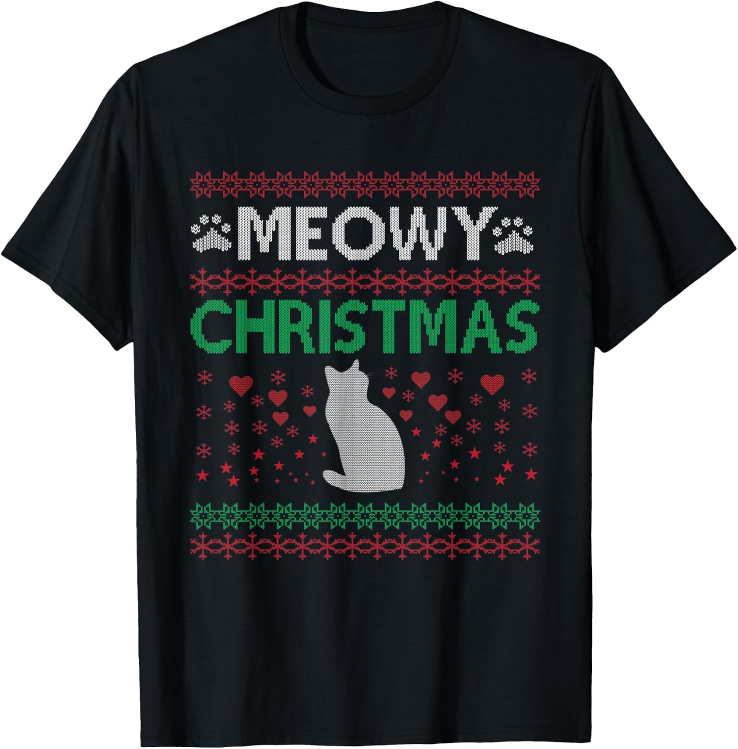 Meowy Cat Christmas Ugly Sweater Men Women Kids T-Shirt - T-Shirt | Black
