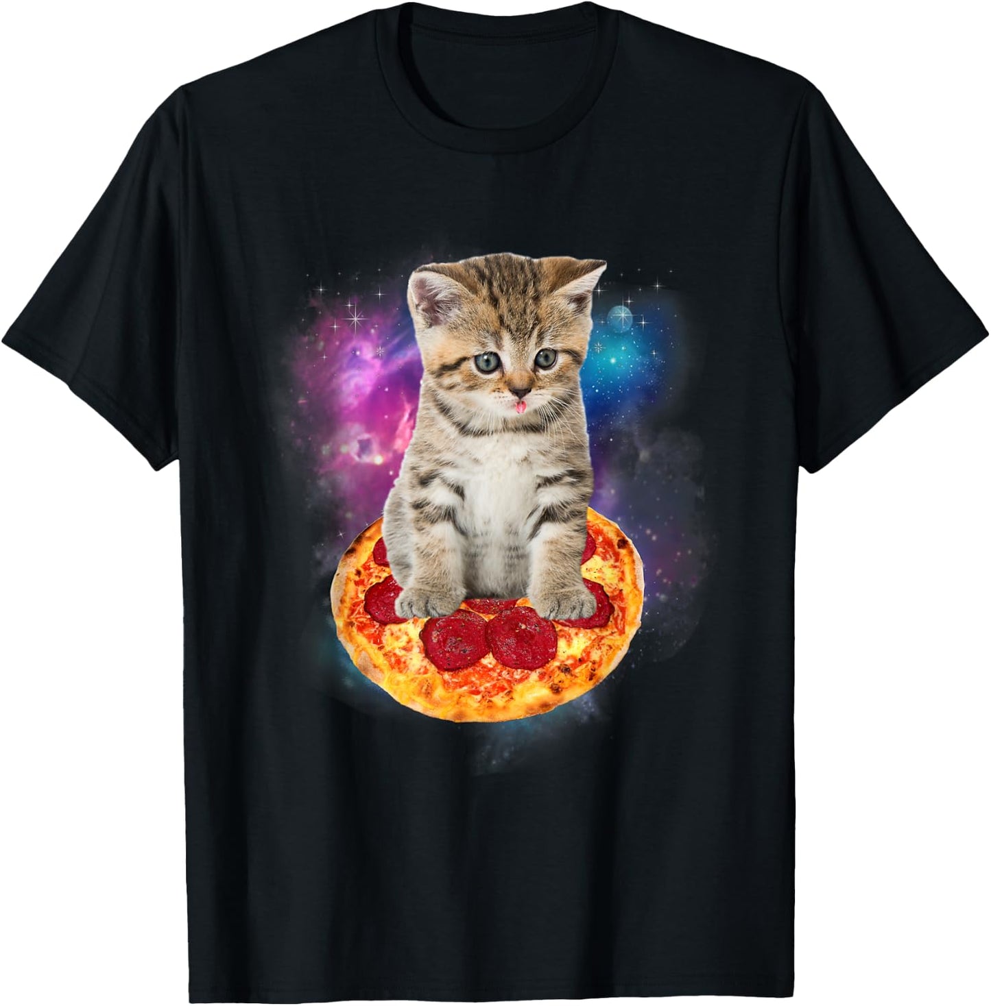 Funny Galaxy Cat in Space - Cat riding Pizza and Taco Lover Women Kids T-Shirt - T-Shirt | Black