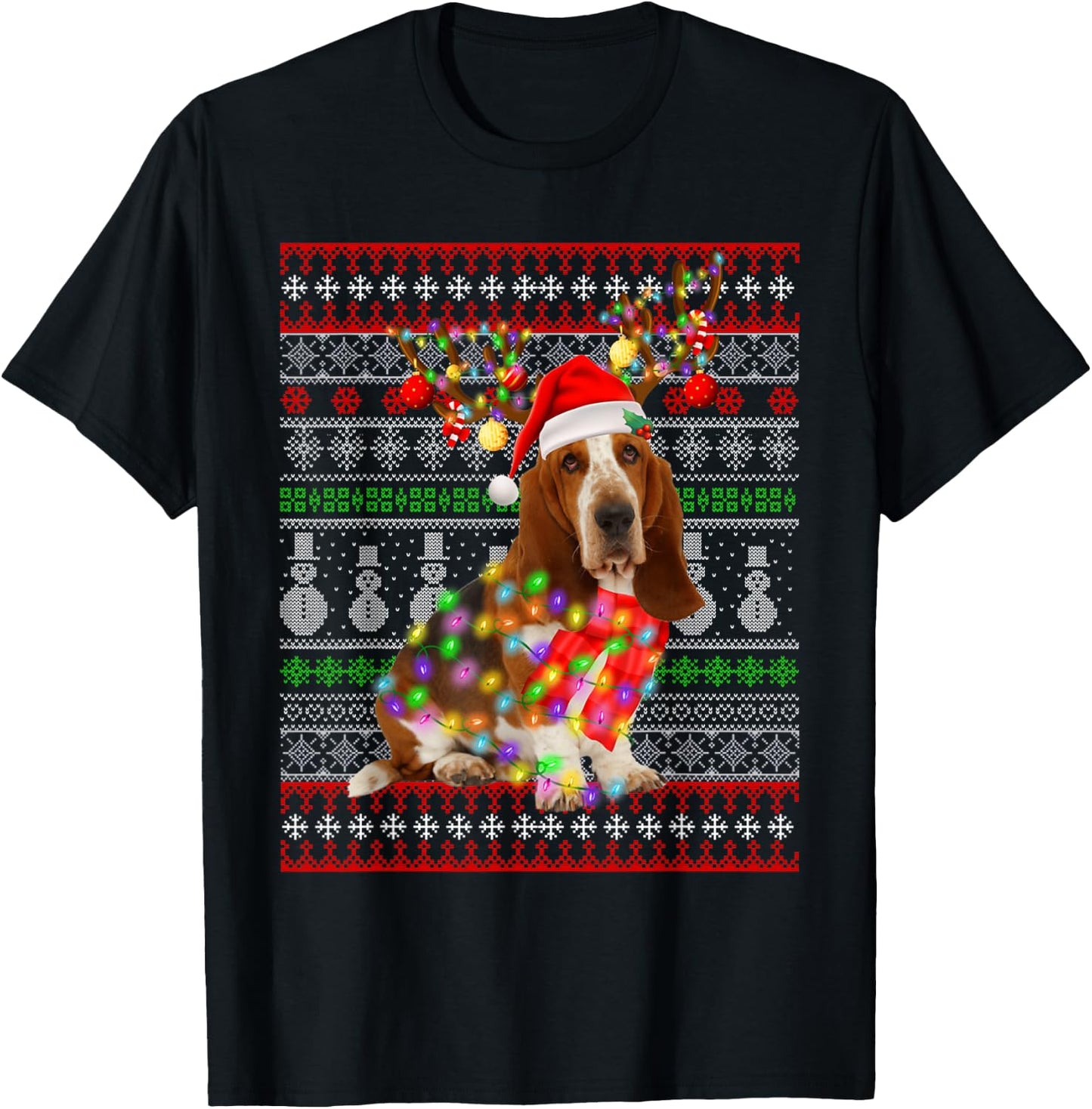 Santa Basset Hound Dog Christmas Lights Ugly Xmas Sweater Men Women Kids T-Shirt - T-Shirt | Black