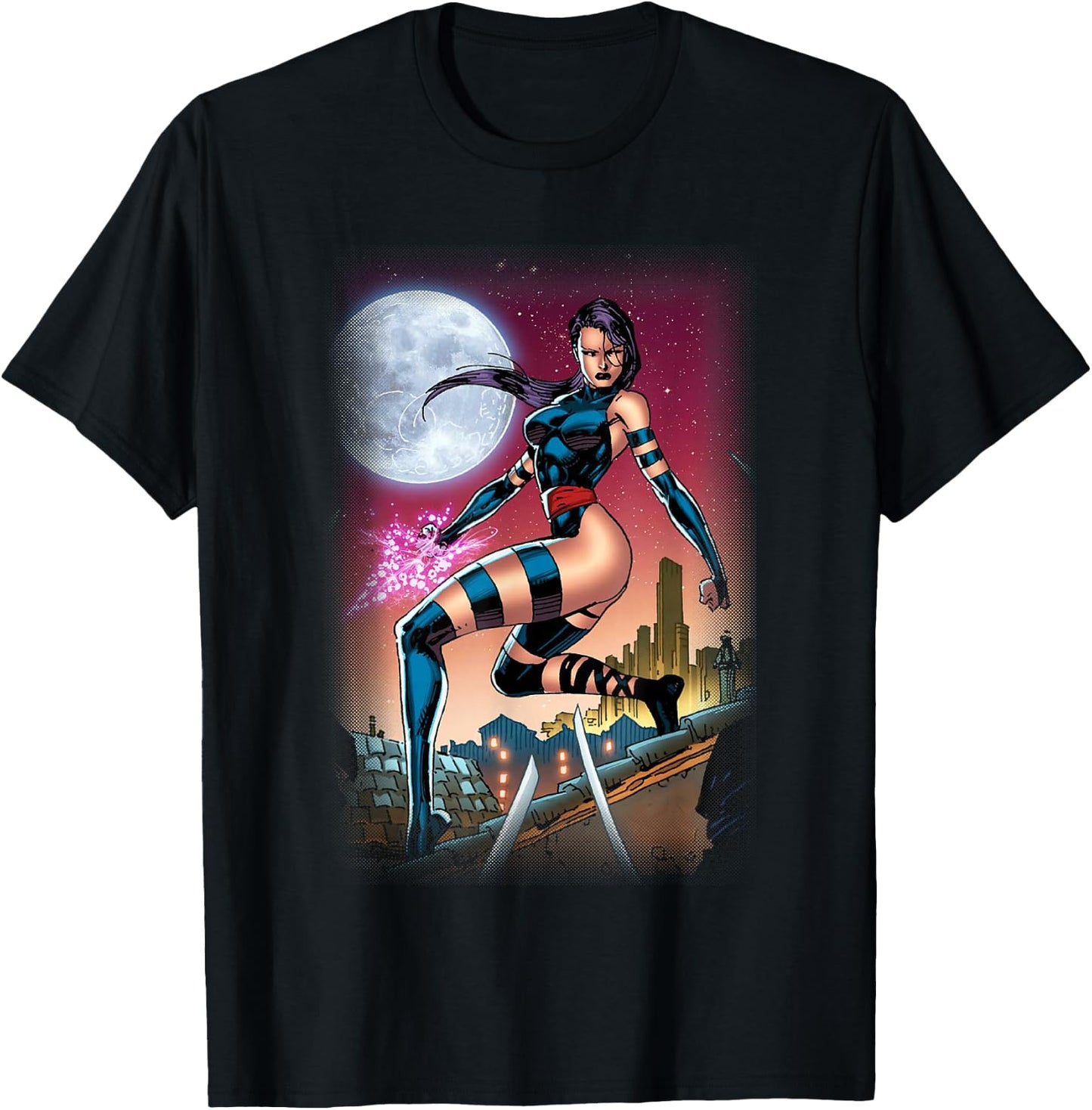Marvel X-Men Psylocke Epic Rooftop At Night Portrait T-Shirt - T-Shirt | Black