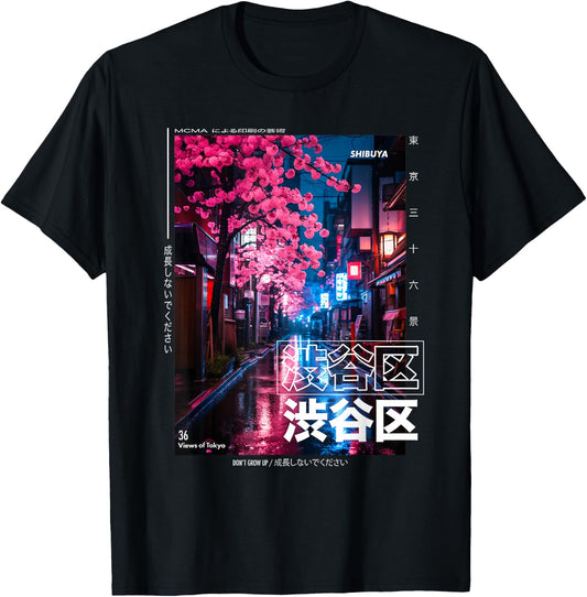 Japanese Streetwear Retro Aesthetic Shibuya Tokyo Graphic T-Shirt - T-Shirt | Black