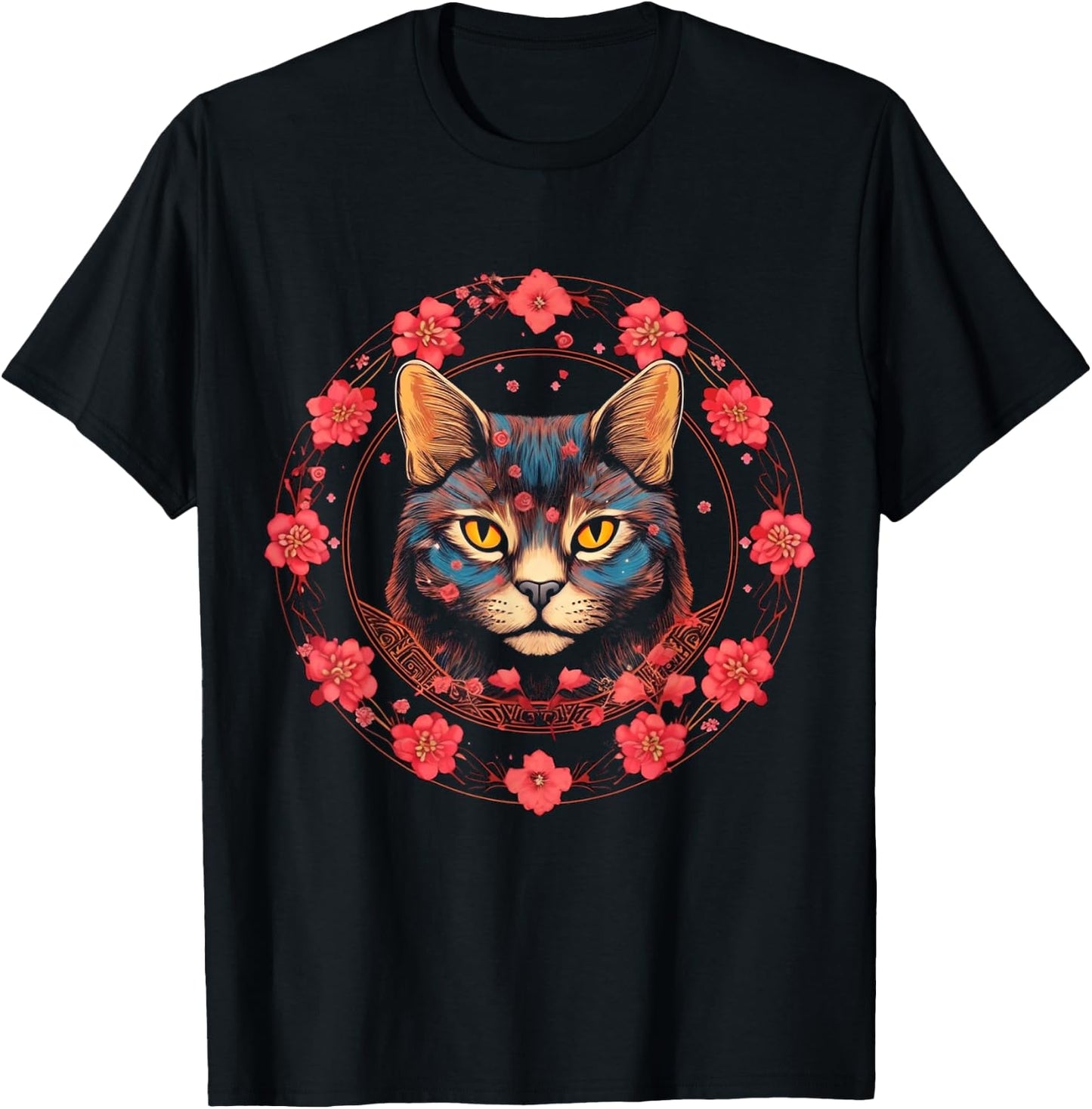 Cat Flower Artwork | Animal Cherry Blossoms Motif Cat T-Shirt - T-Shirt | Black