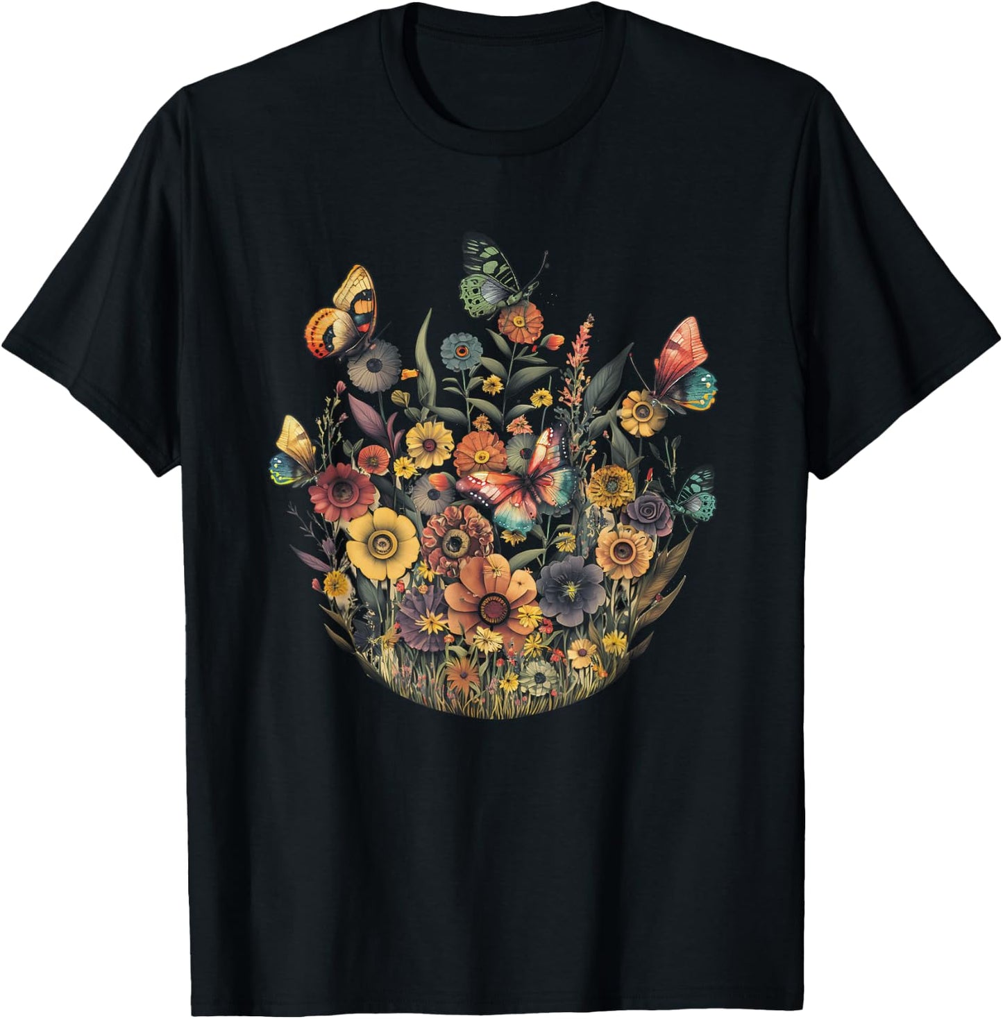 Vintage Pressed Flowers Butterflies Floral Boho Wildflowers T-Shirt - T-Shirt | Black