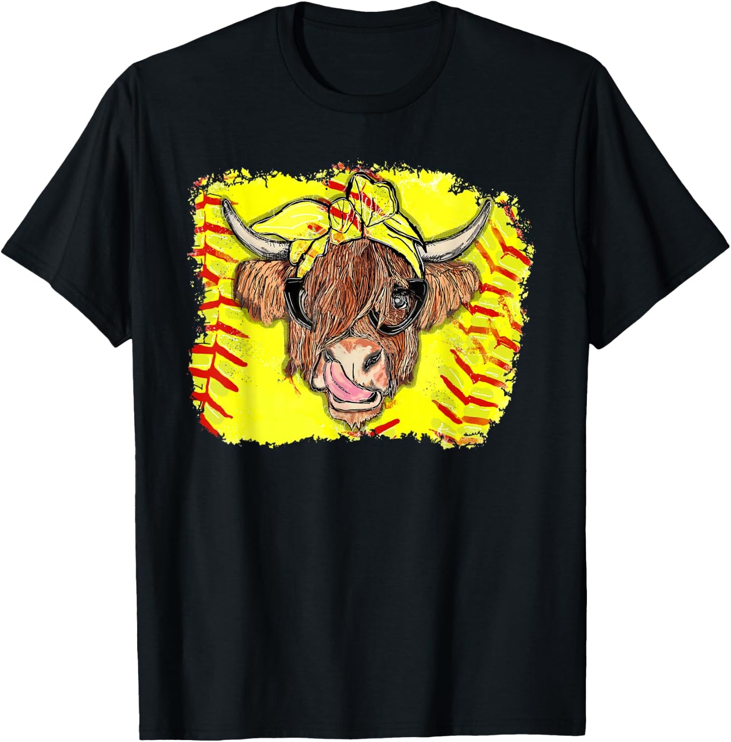Softball Highland Cow With Bandana Glasses Happy Mother's T-Shirt - T-Shirt | Black