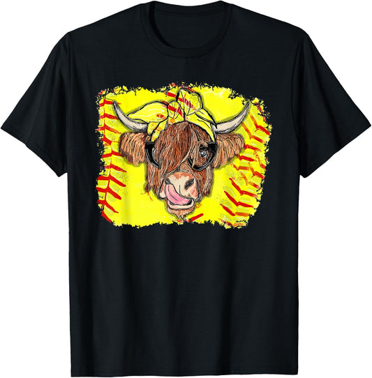 Softball Highland Cow With Bandana Glasses Happy Mother's T-Shirt - T-Shirt | Black