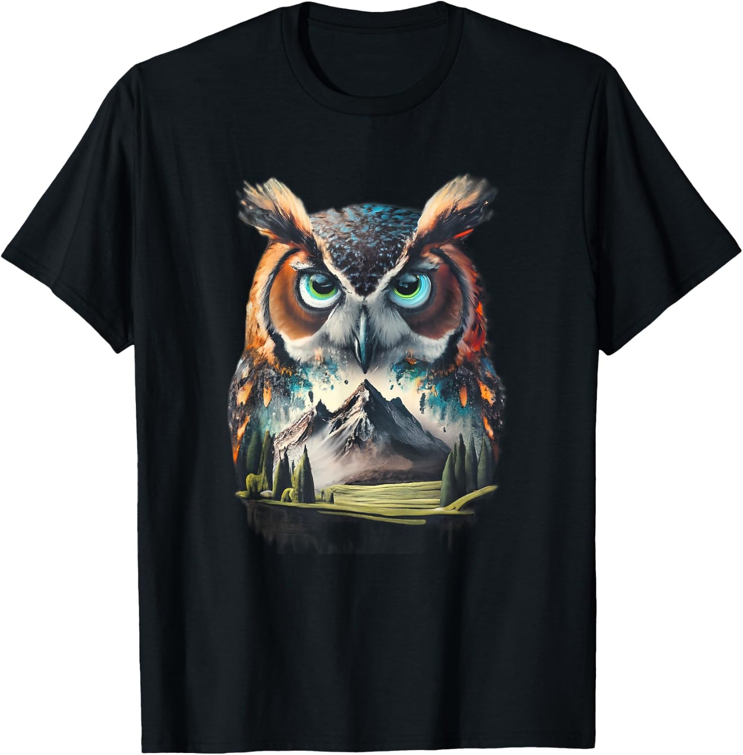 Abstract Owl Mountain Realistic Animal Nature T-Shirt - T-Shirt | Black