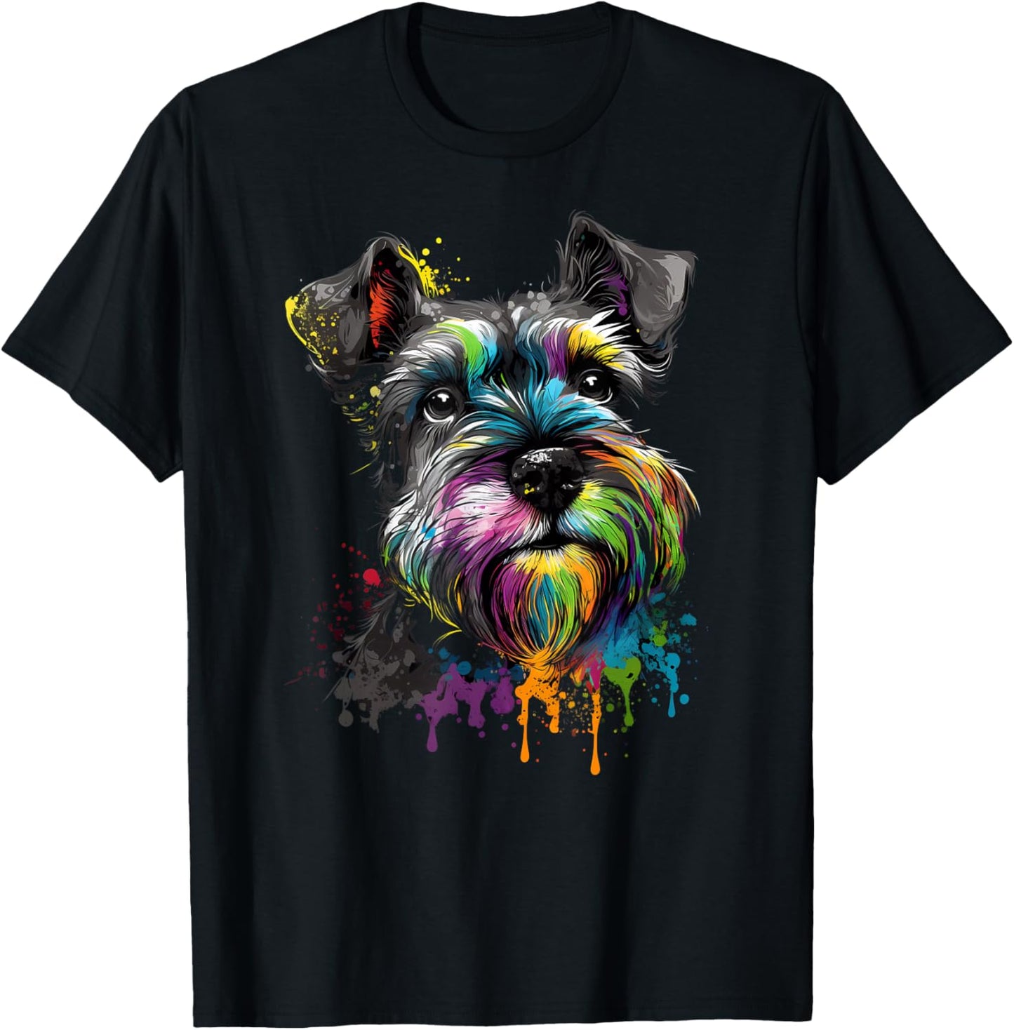 Mini Miniature Schnauzer Face Colorful Dog Art Black T-Shirt - T-Shirt | Black