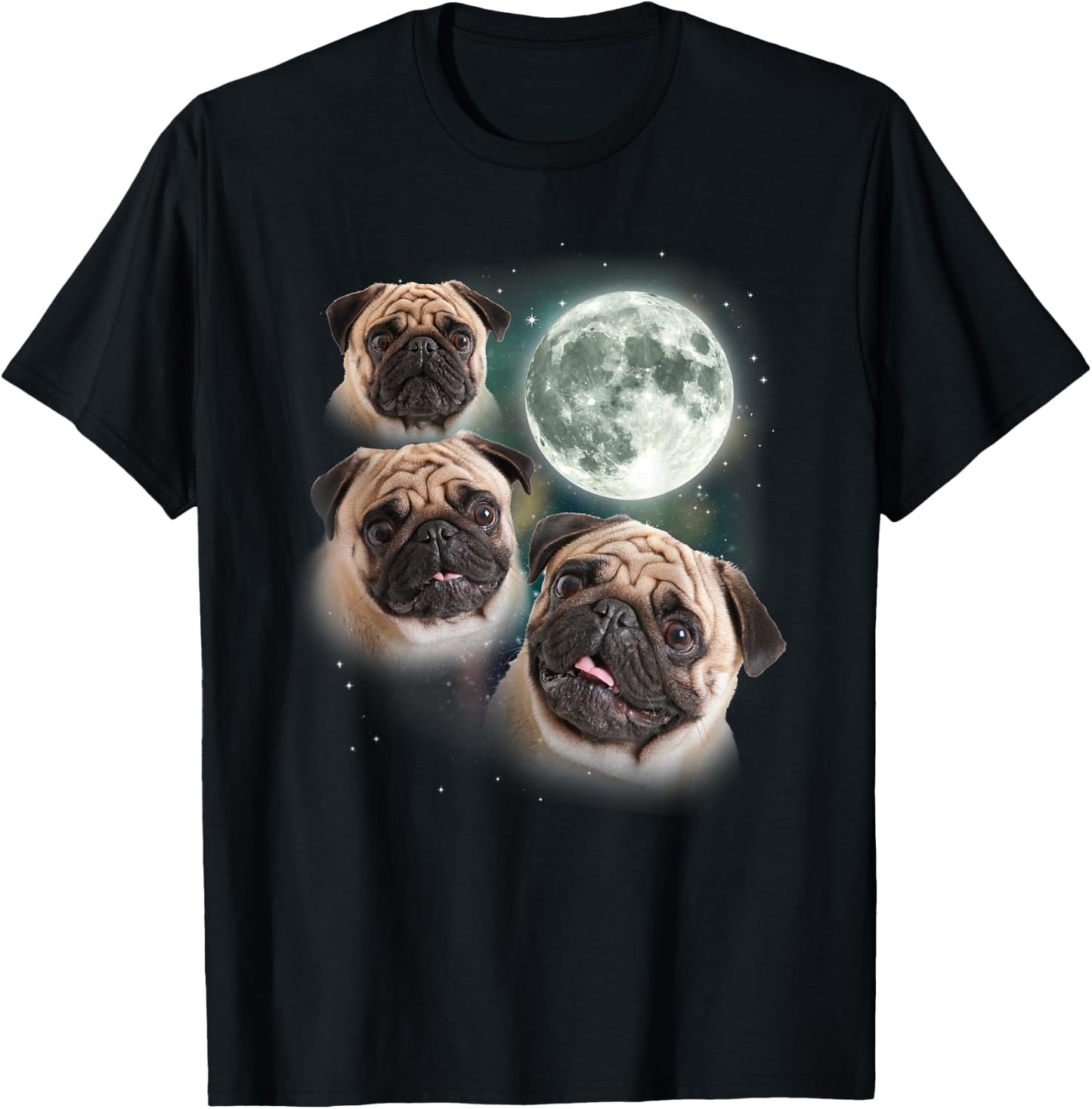 Funny Pug Shirt | 3 Pug Moon Dog Lovers Three Space Canines T-Shirt - T-Shirt | Black