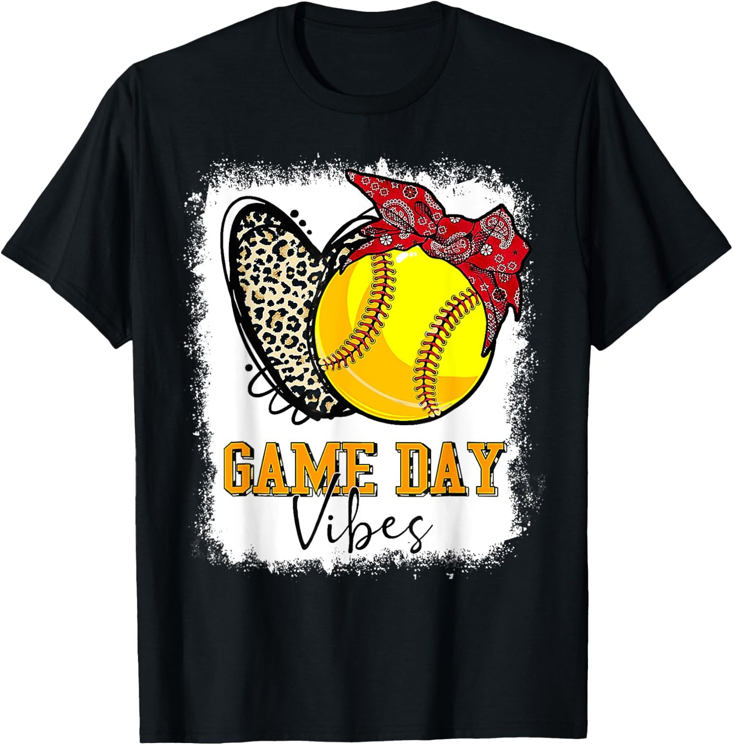 Softball Game Day Vibes Leopard Heart Headband Mom Bleached T-Shirt - T-Shirt | Black