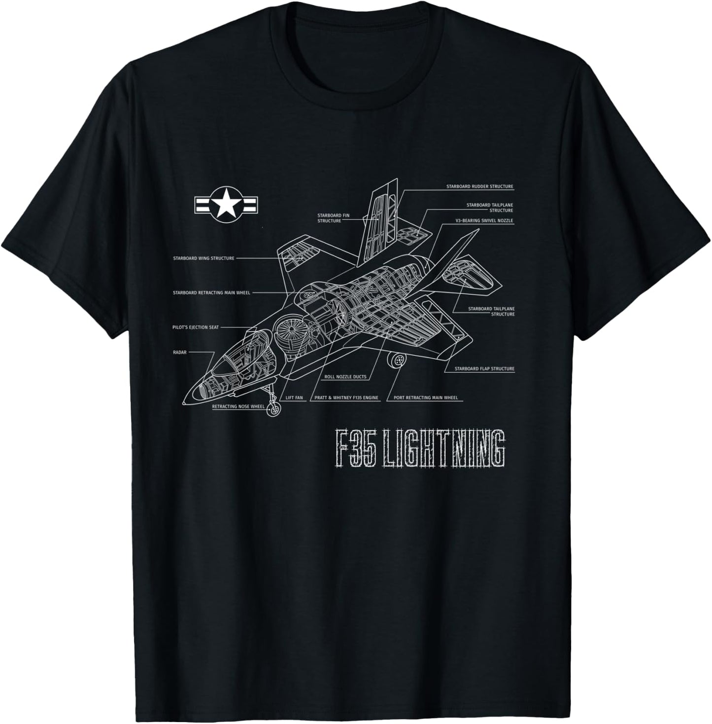 American Aircraft Stealth Fighter F35 lightning blueprint T-Shirt - T-Shirt | Black