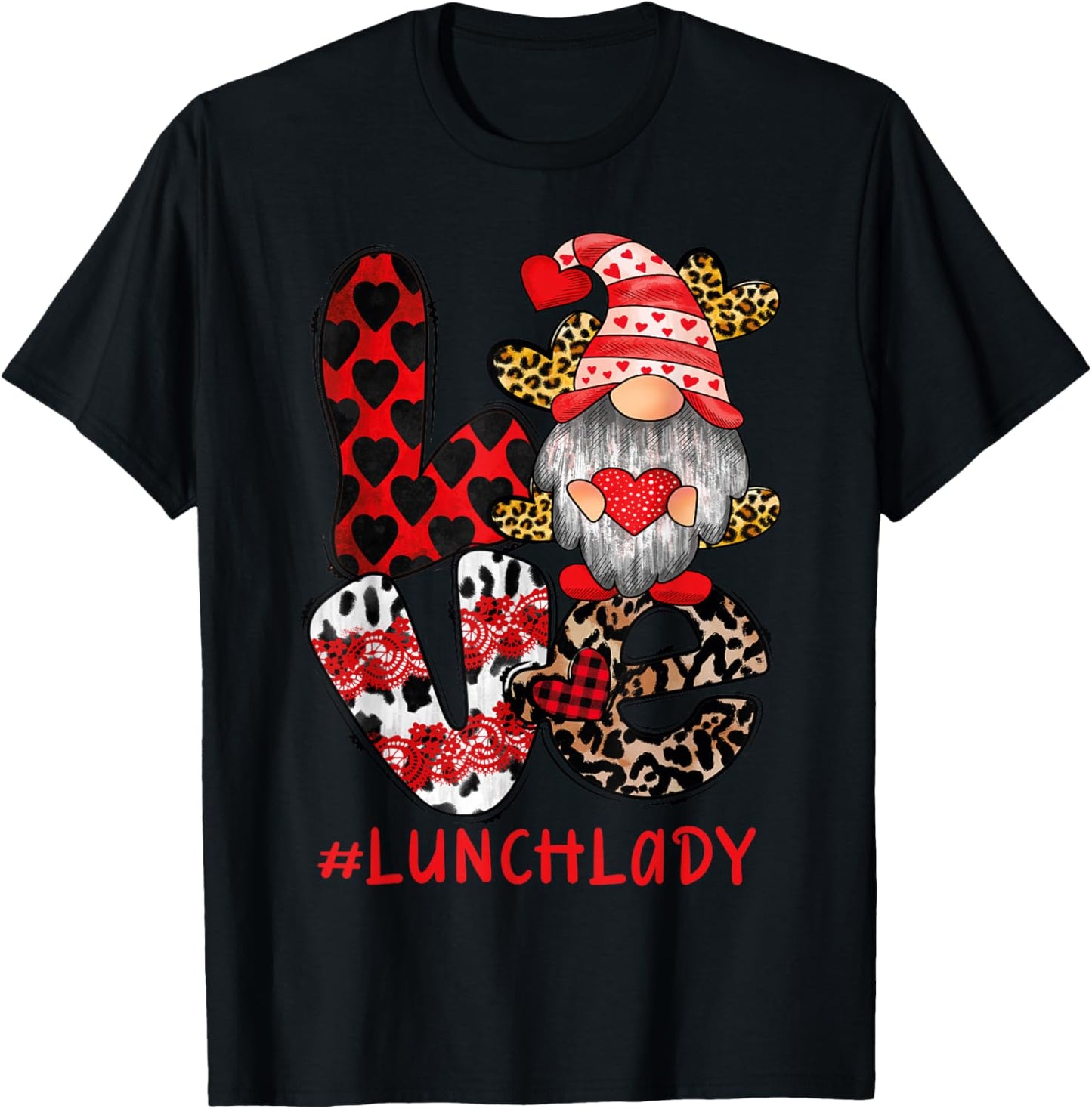 Lunch Lady love Gnome heart Valentine's Day Cafeteria Worker T-Shirt - T-Shirt | Black
