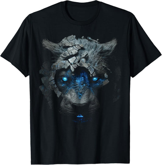 Lion Fantasy Predatory Cat Art - Blue Eyes Robot Animal Women Kids T-Shirt - T-Shirt | Black
