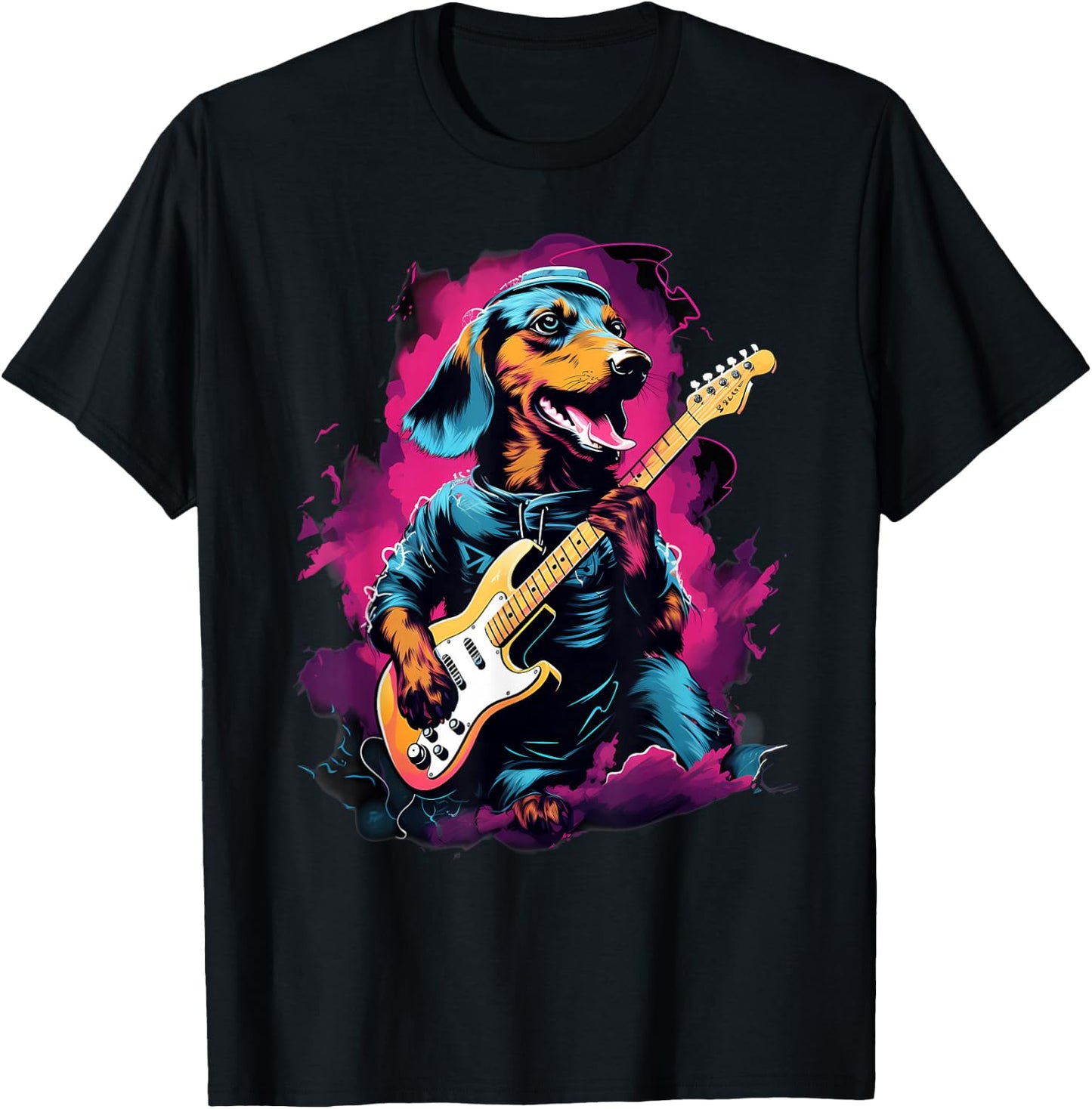 Punk Rock Guitar Dachshund Dog Guitarist T-Shirt - T-Shirt | Black