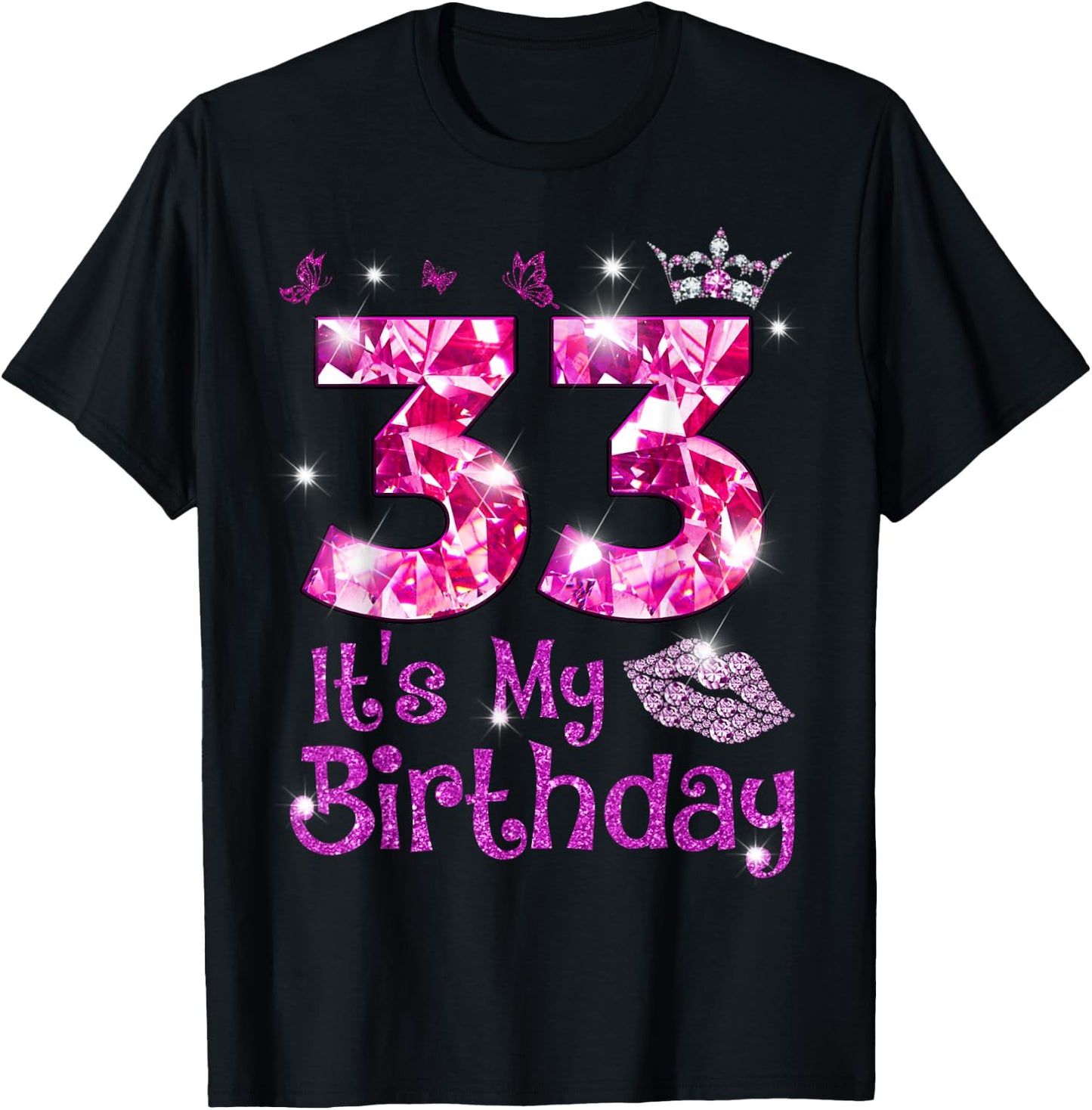 Vintage Happy 33 It's My Birthday Crown Lips 33rd Birthday T-Shirt - T-Shirt | Black