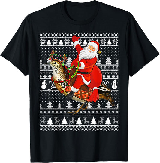Quail Bird Xmas Holiday Ugly Santa Riding Quail Christmas T-Shirt - T-Shirt | Black