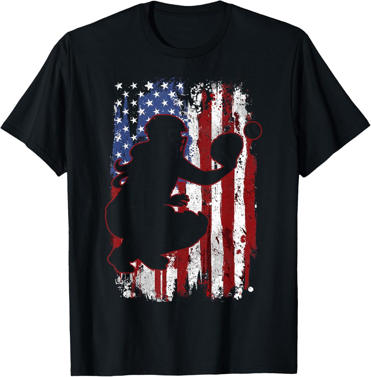 Softball Catcher American Flag Softball Player T-Shirt - T-Shirt | Black