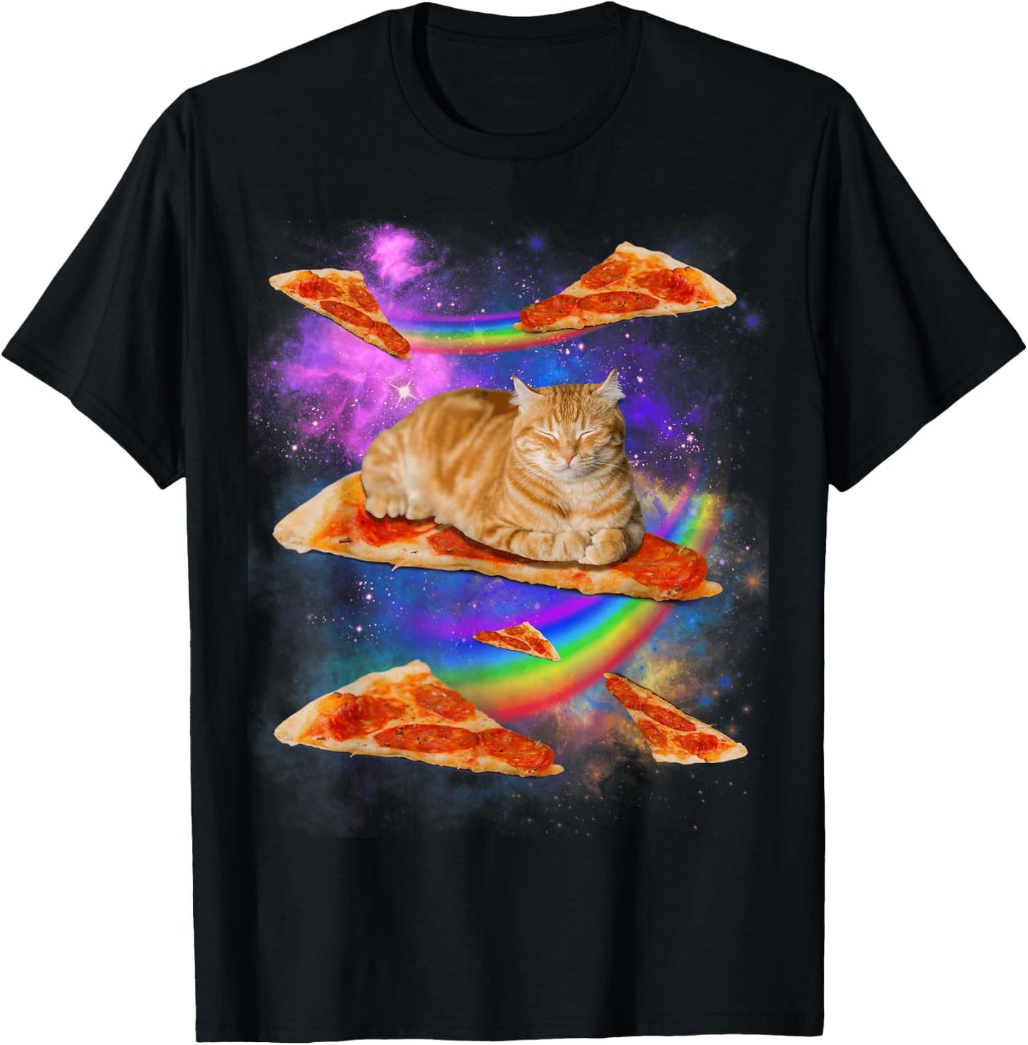 Funny Galaxy Cat in Space, Cat Riding Pizza T-Shirt - T-Shirt | Black