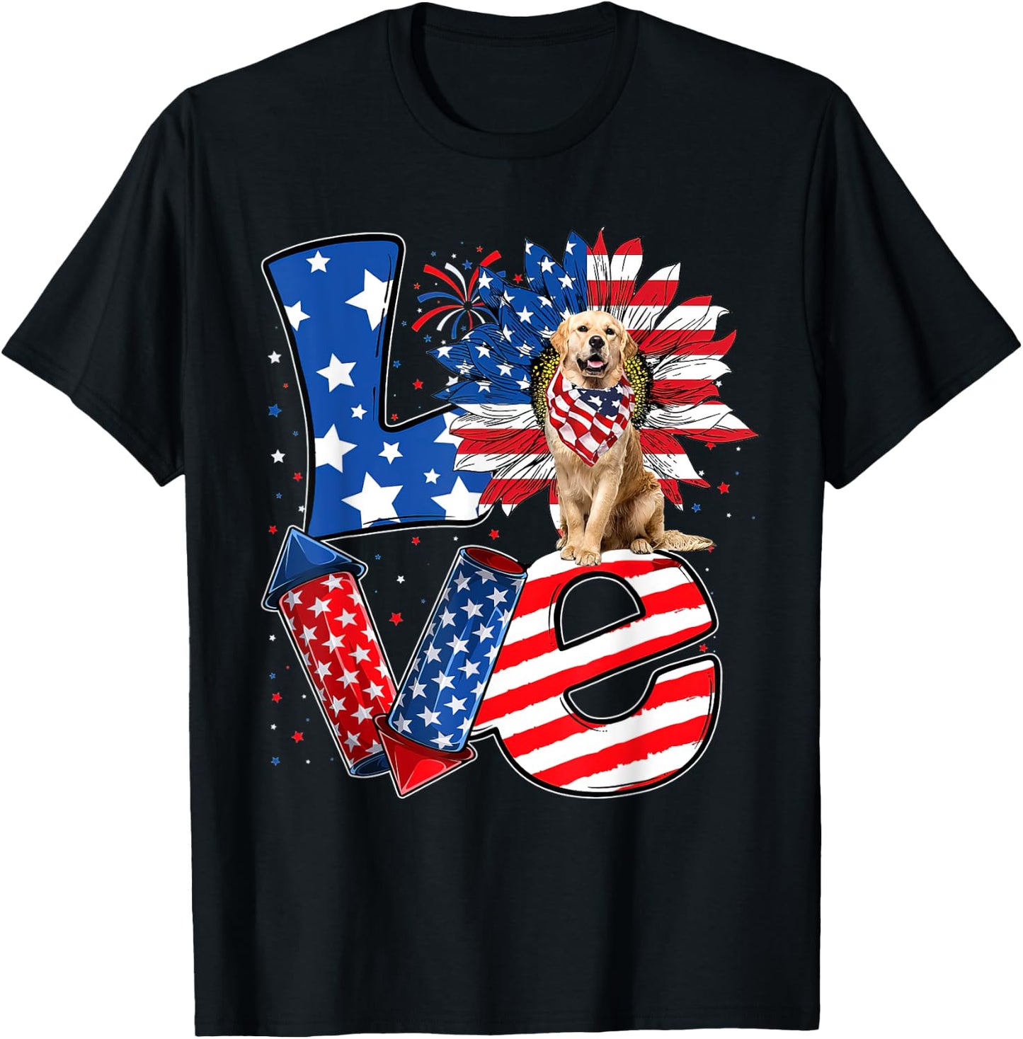4th of July Decor Patriotic LOVE Golden Retriever Dog USA T-Shirt - T-Shirt | Black