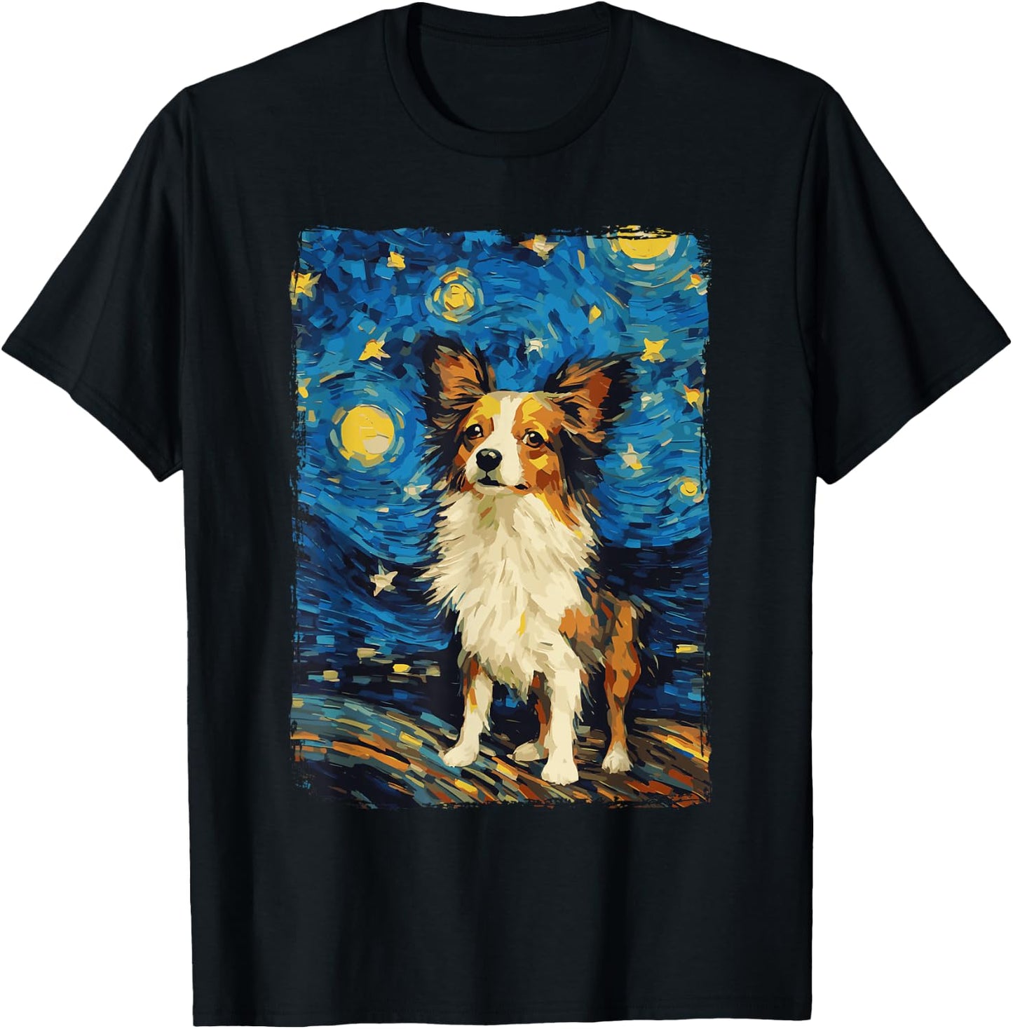 Papillon Dog Starry Night T-Shirt - T-Shirt | Black