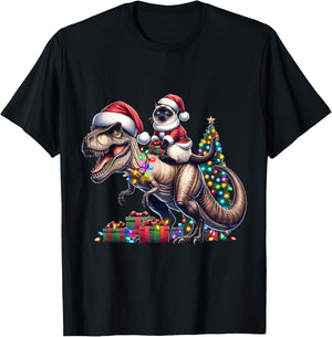 Siamese Cat Rides Festive T-Rex Santa For siamese cat Owners T-Shirt - T-Shirt | Black