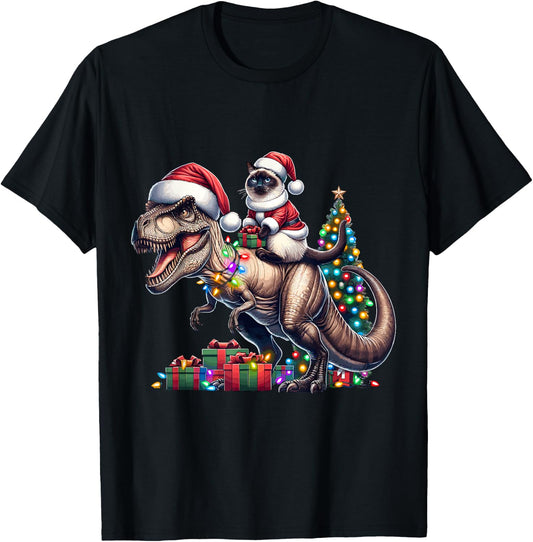 Siamese Cat Rides Festive T-Rex Santa For siamese cat Owners T-Shirt - T-Shirt | Black