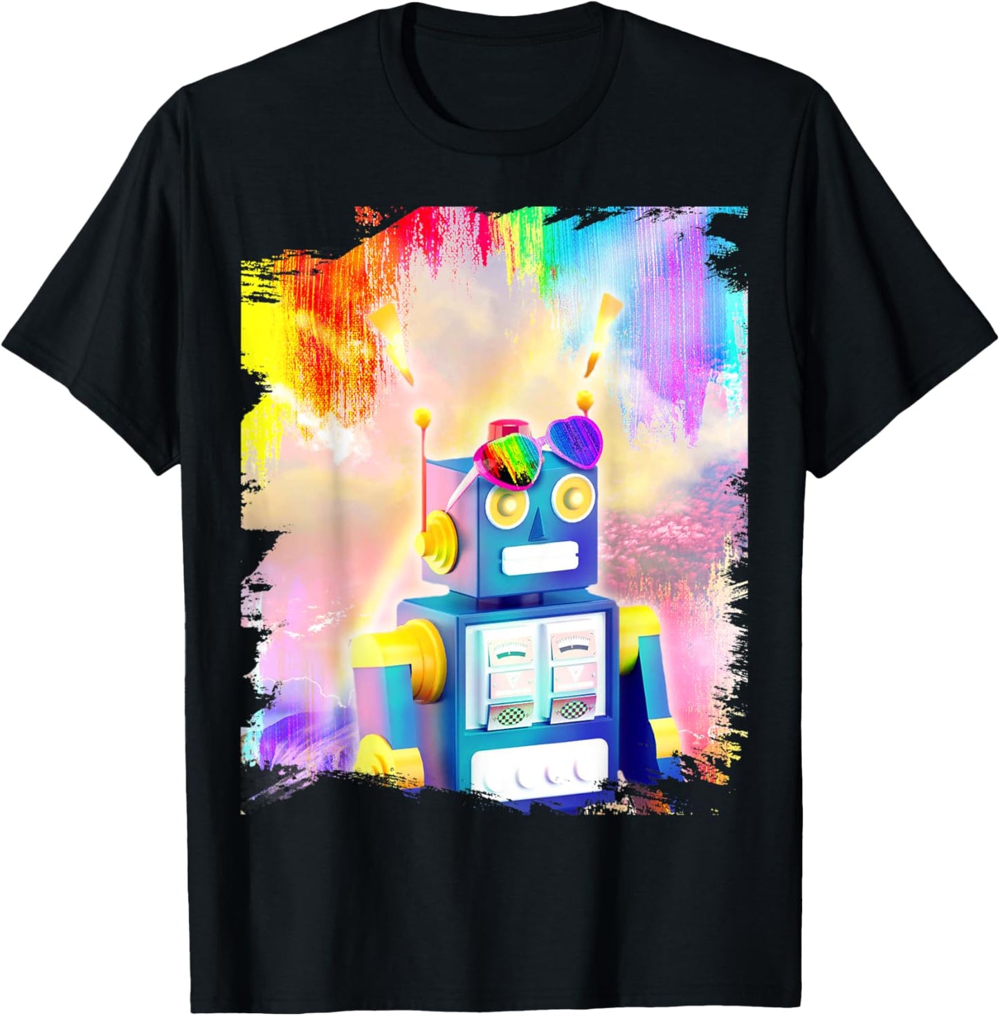 Rainbow robot wearing glasses heart love T-Shirt - T-Shirt | Black
