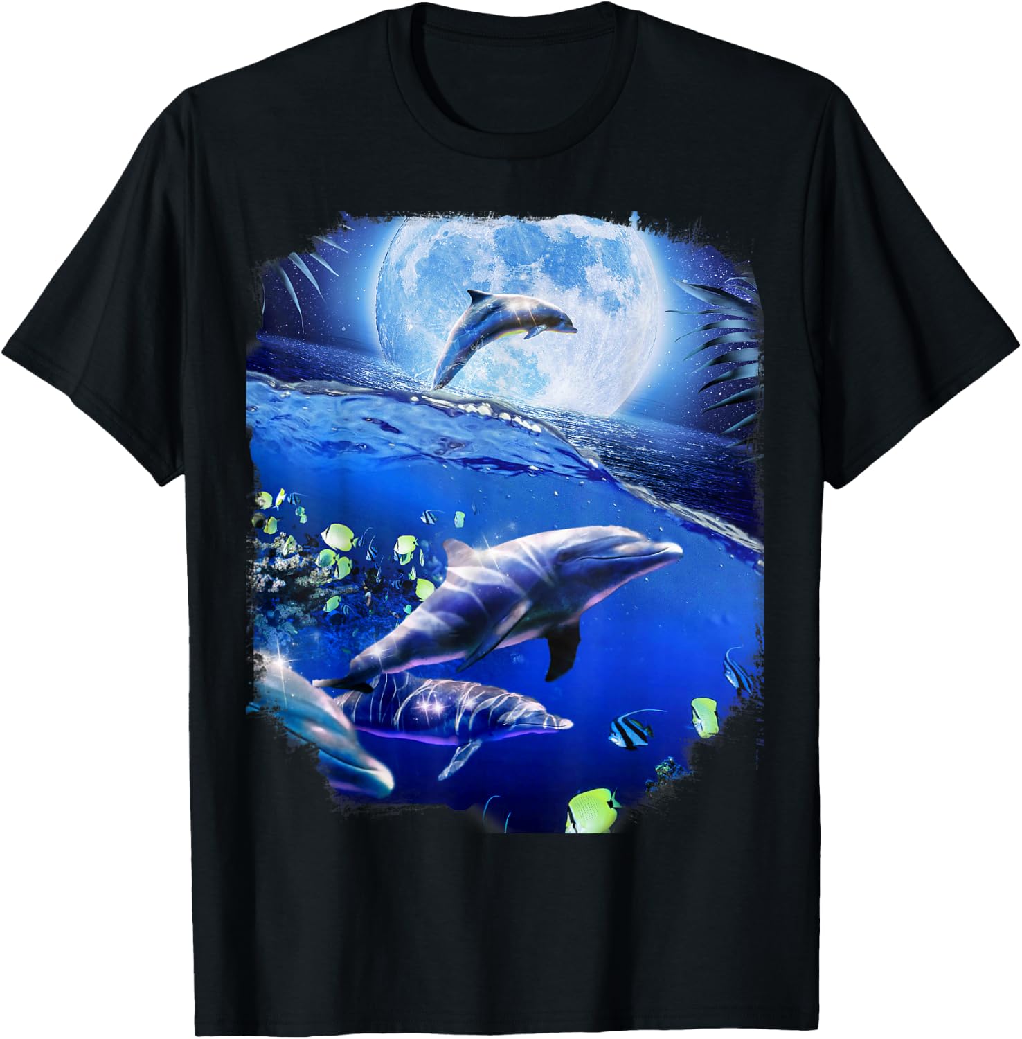 Moon Dolphin Space Dolphins T-Shirt - T-Shirt | Black