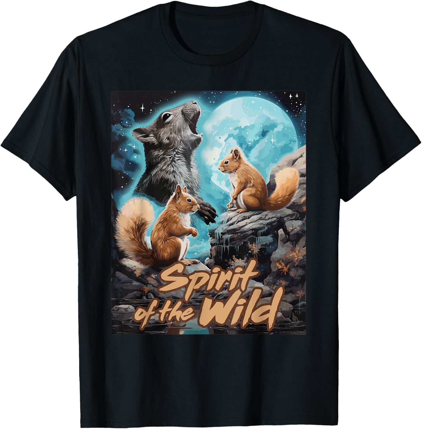 Presto Spirit of the Wild Funny Squirrels Black Women's Cartoon Animal-Print , Small, Short Sleeve, Classic Fit T-Shirt - T-Shirt | Black