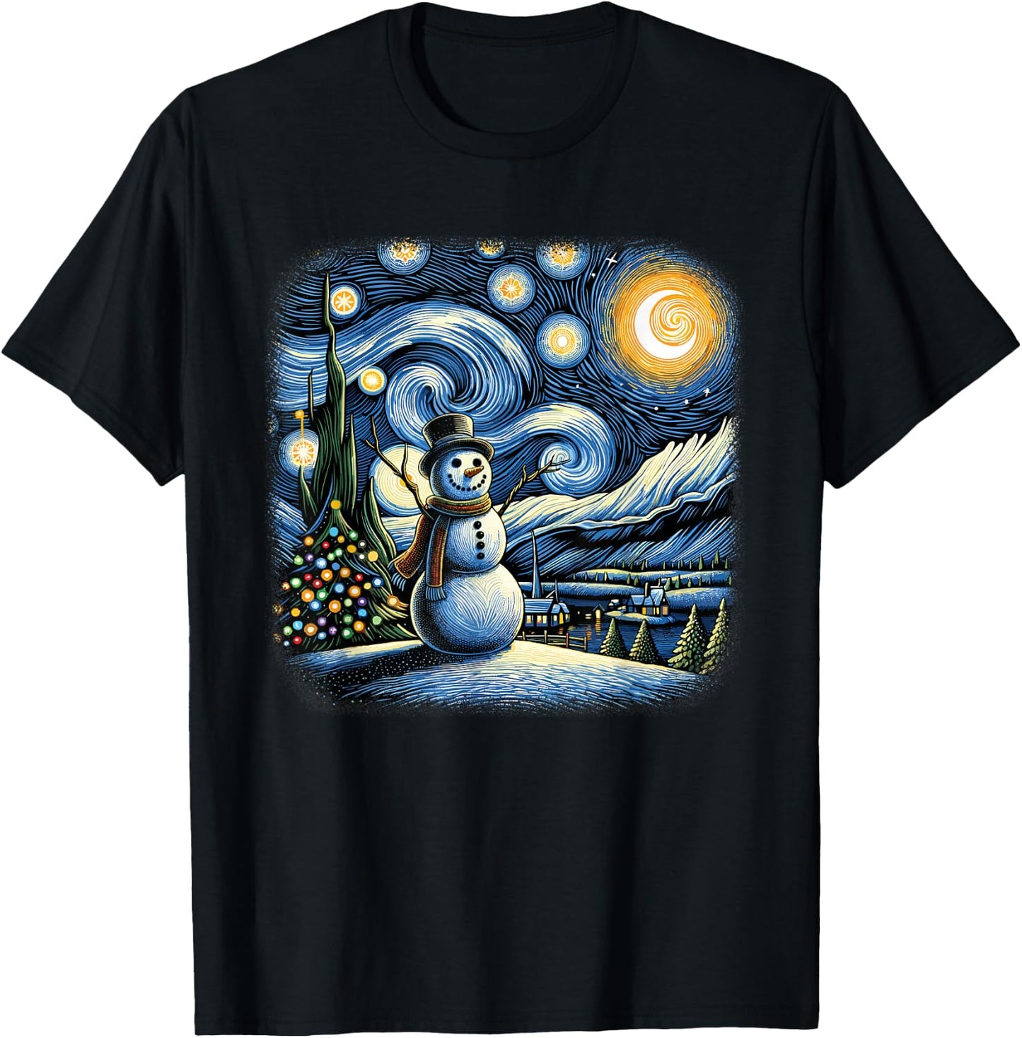 Van Gogh Starry Night Christmas Snowman Winter Snowy Night T-Shirt - T-Shirt | Black