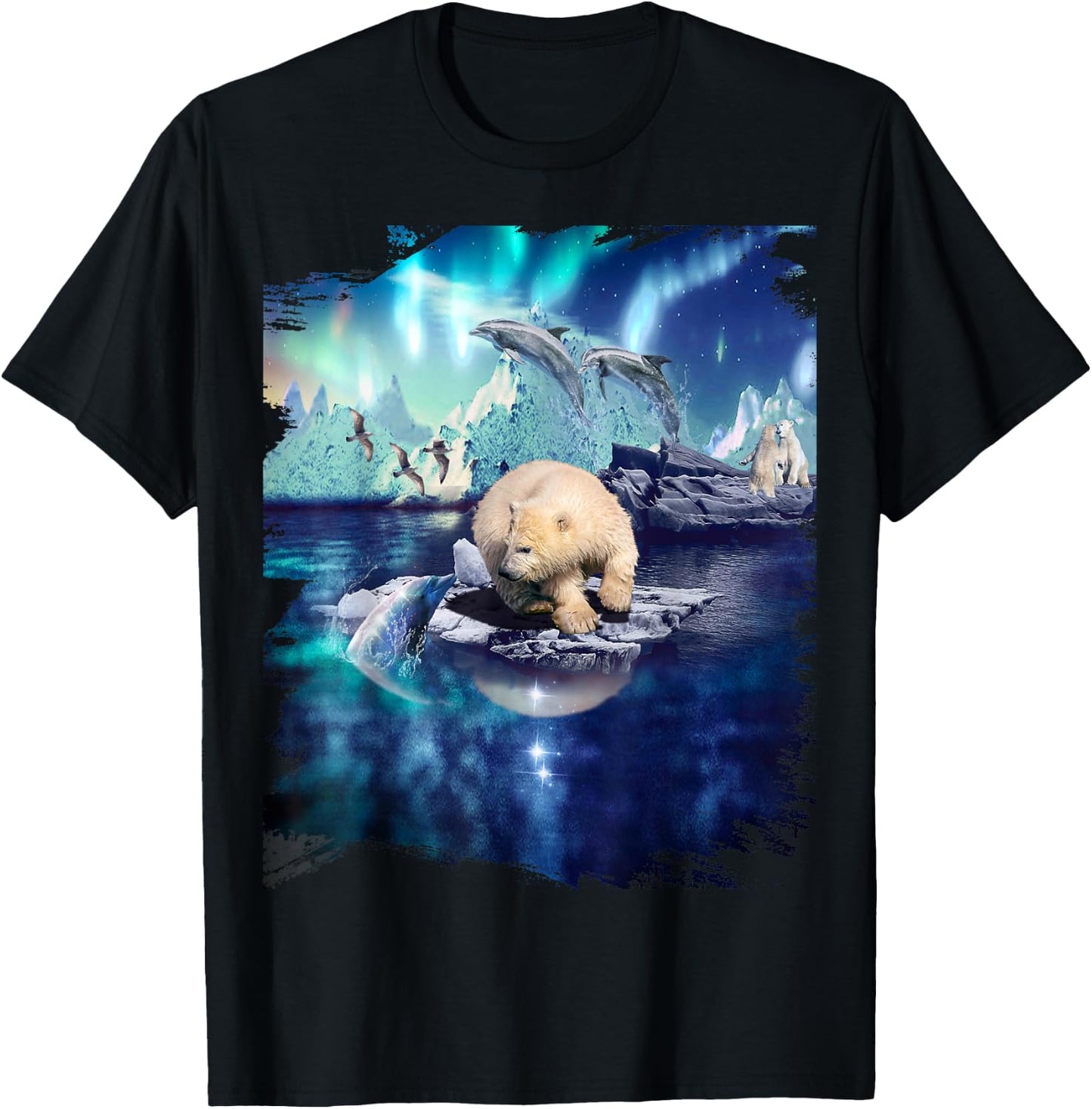 Dolphin and Northern Polar Bear, Lights and Dolphins T-Shirt - T-Shirt | Black