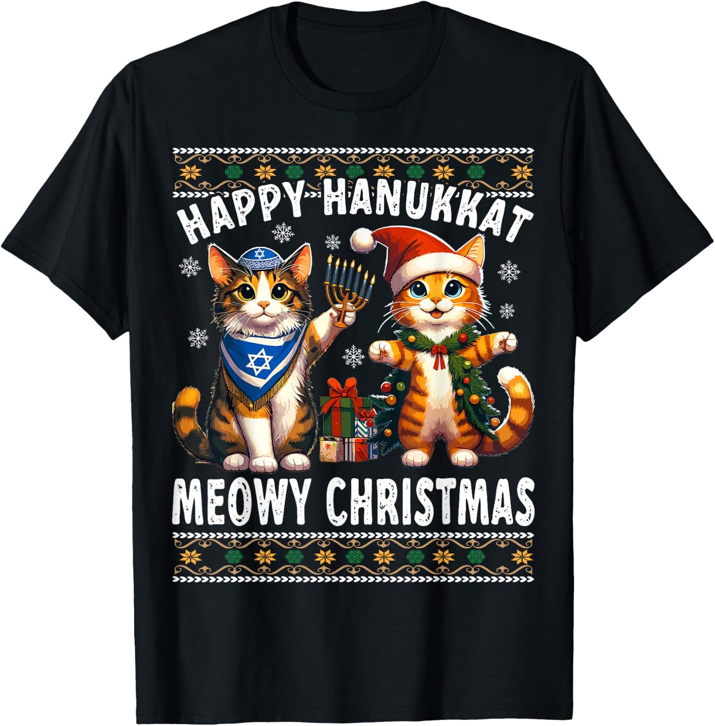 Cat Merry Christmas Happy Hanukkah Jewish Christian T-Shirt - T-Shirt | Black