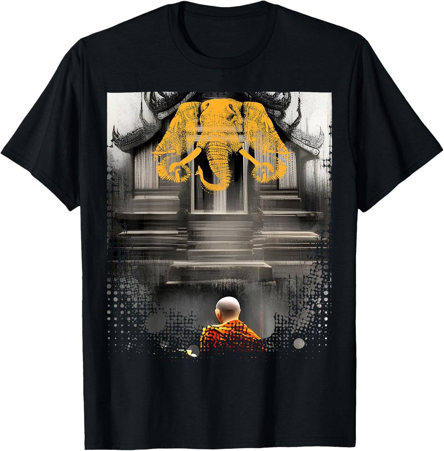 Laos 3 Head Elephant & Lao Monk Asian Buddhist Temple Flag T-Shirt - T-Shirt | Black