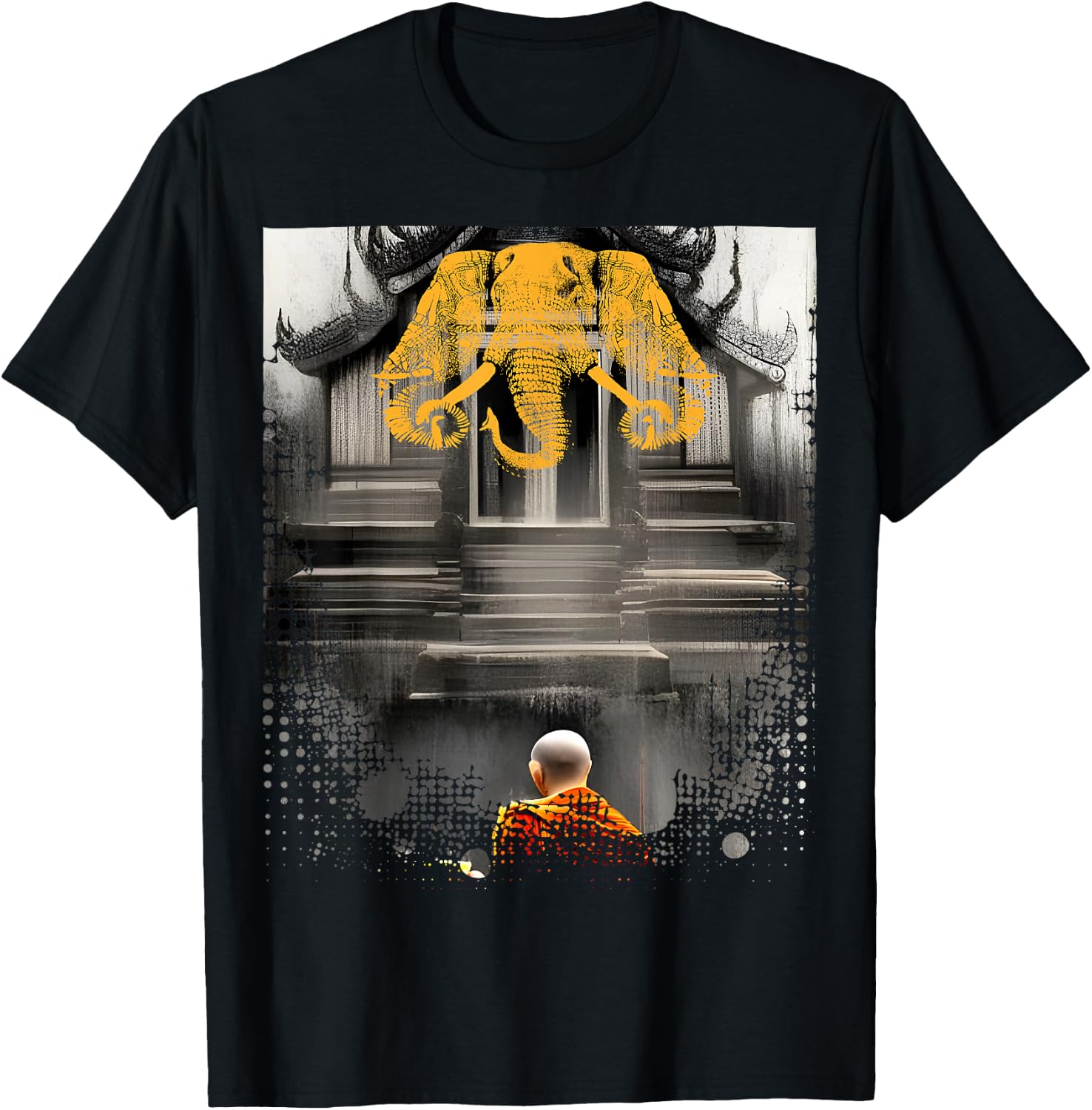 Laos 3 Head Elephant & Lao Monk Asian Buddhist Temple Flag T-Shirt - T-Shirt | Black