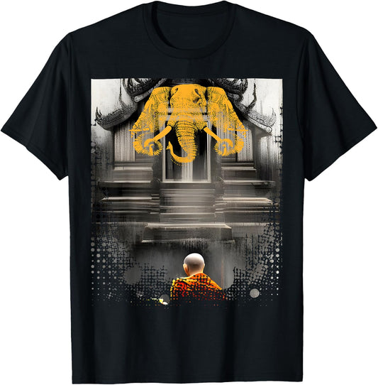 Laos 3 Head Elephant & Lao Monk Asian Buddhist Temple Flag T-Shirt - T-Shirt | Black