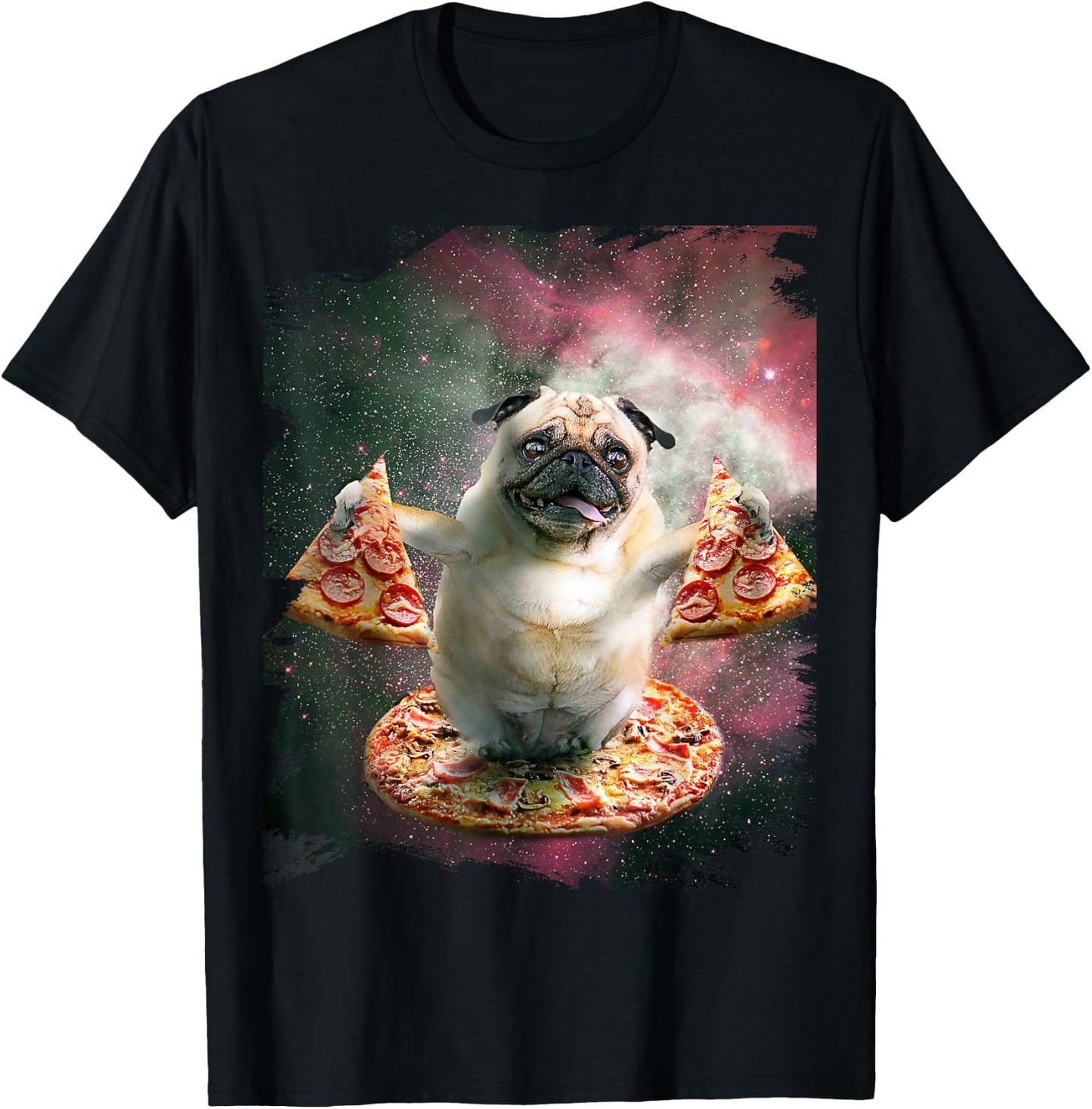 Random Galaxy Funny Pug Dog with Pizza T-Shirt - T-Shirt | Black