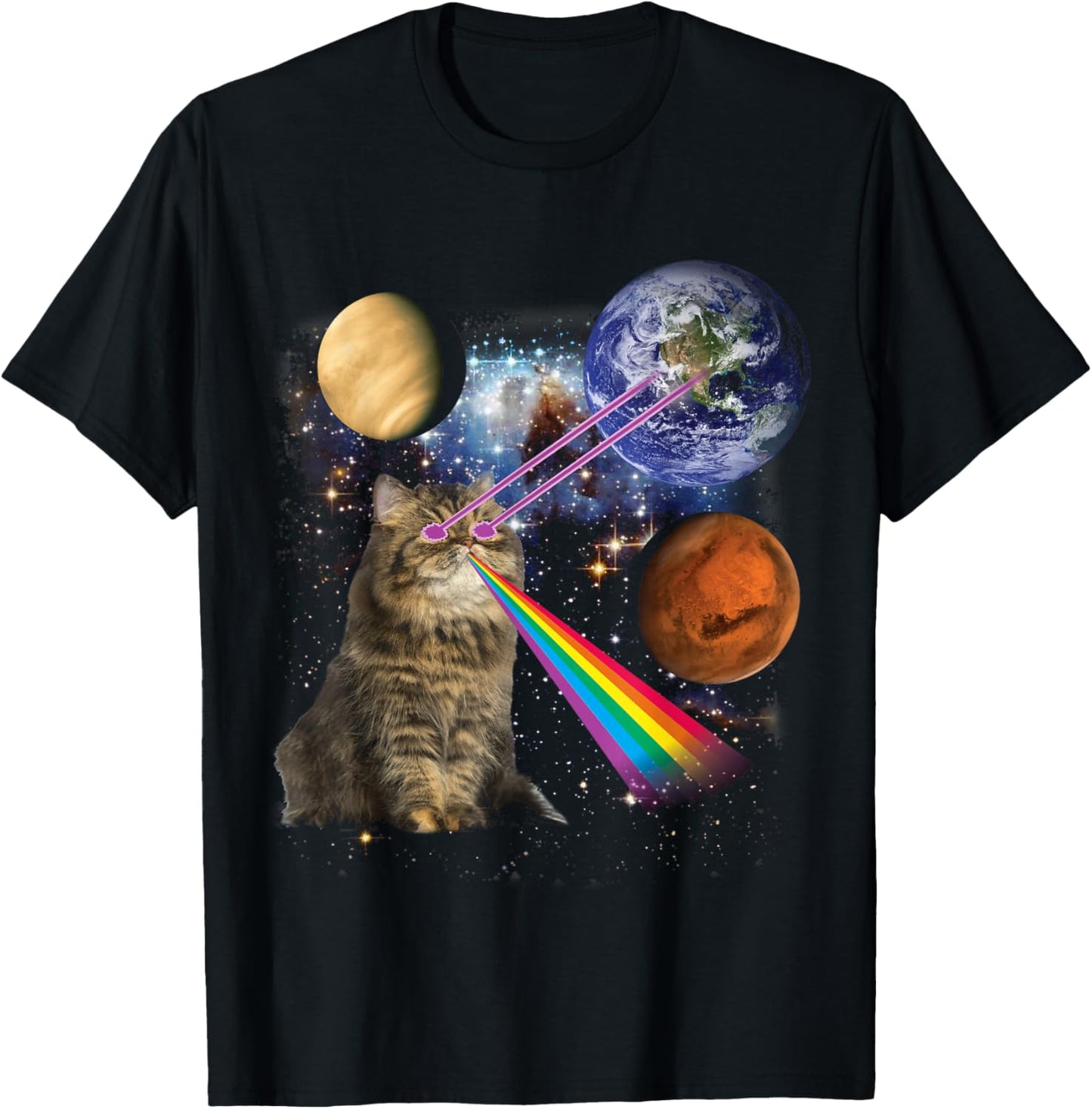 Laser Cat Rainbow Galaxy Space Design for Pet Lovers T-Shirt - T-Shirt | Black