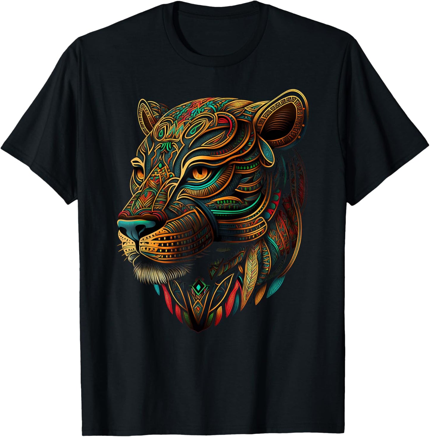Azteca Mountain Lion Indigenous Aztec Art Colorful Animals T-Shirt - T-Shirt | Black