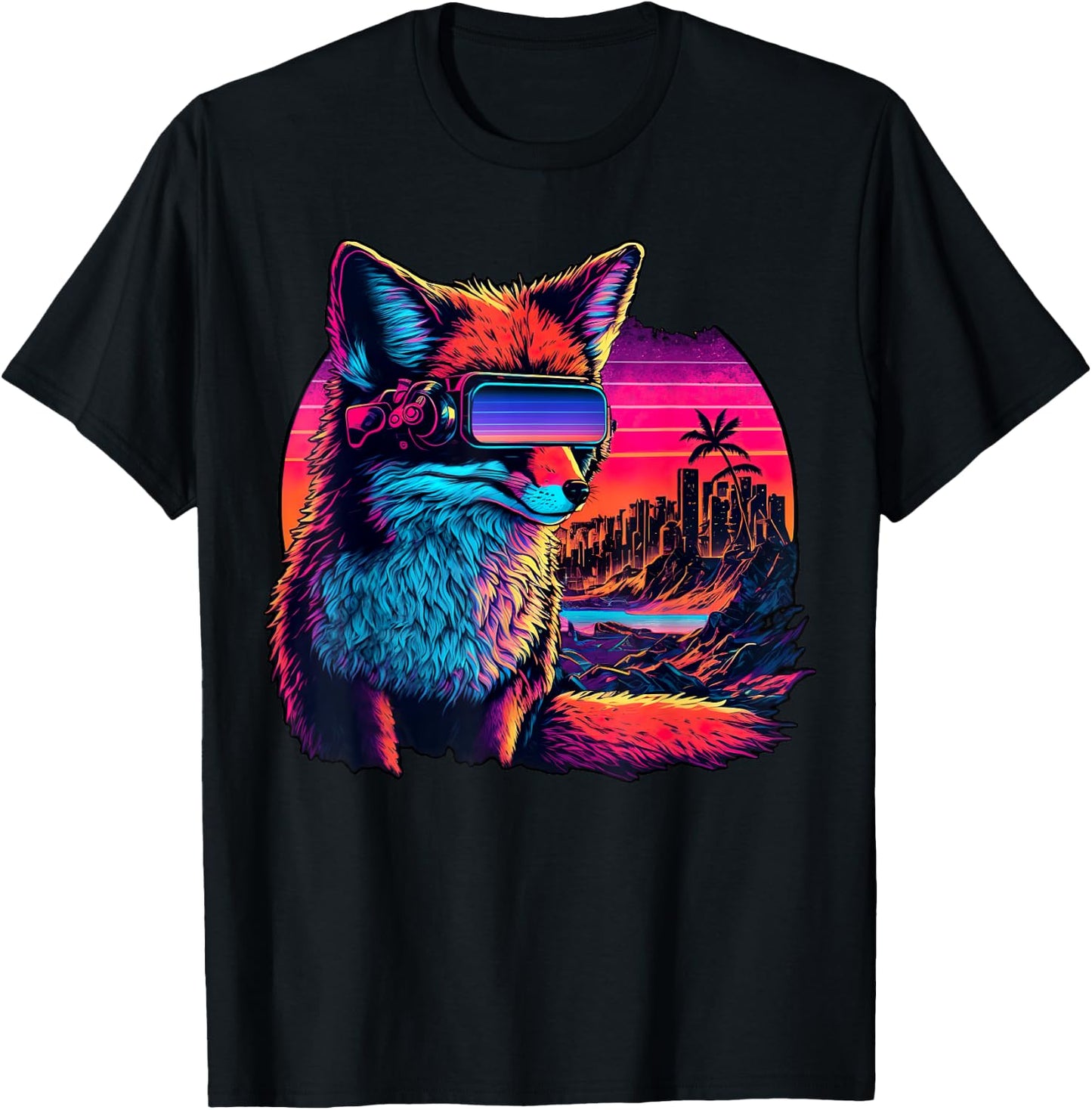 Synthwave Fox with Neon Sunset and Retro Futuristic Vibes T-Shirt - T-Shirt | Black