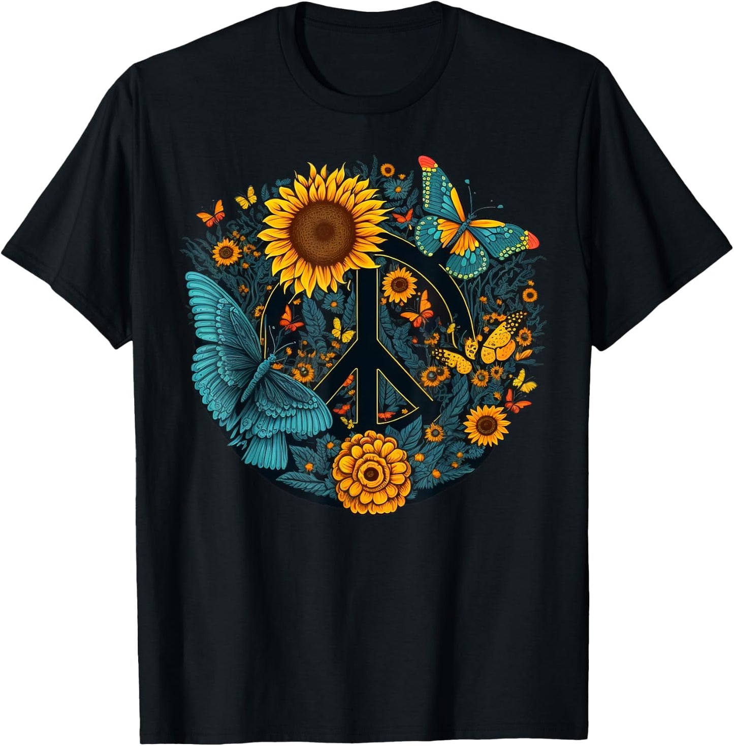 World Peace on Love Sunflower Peace T-Shirt - T-Shirt | Black