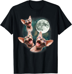 Three Sphynx Moon | 3 Hairless Cats Howling Cursed Wolf Meme Women Kids T-Shirt - T-Shirt | Black