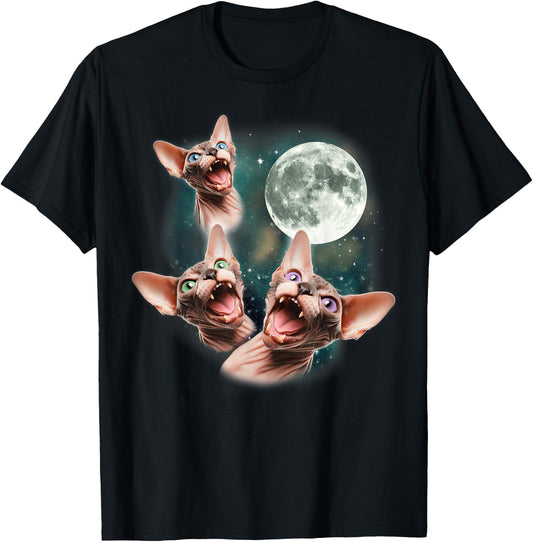 Three Sphynx Moon | 3 Hairless Cats Howling Cursed Wolf Meme Women Kids T-Shirt - T-Shirt | Black