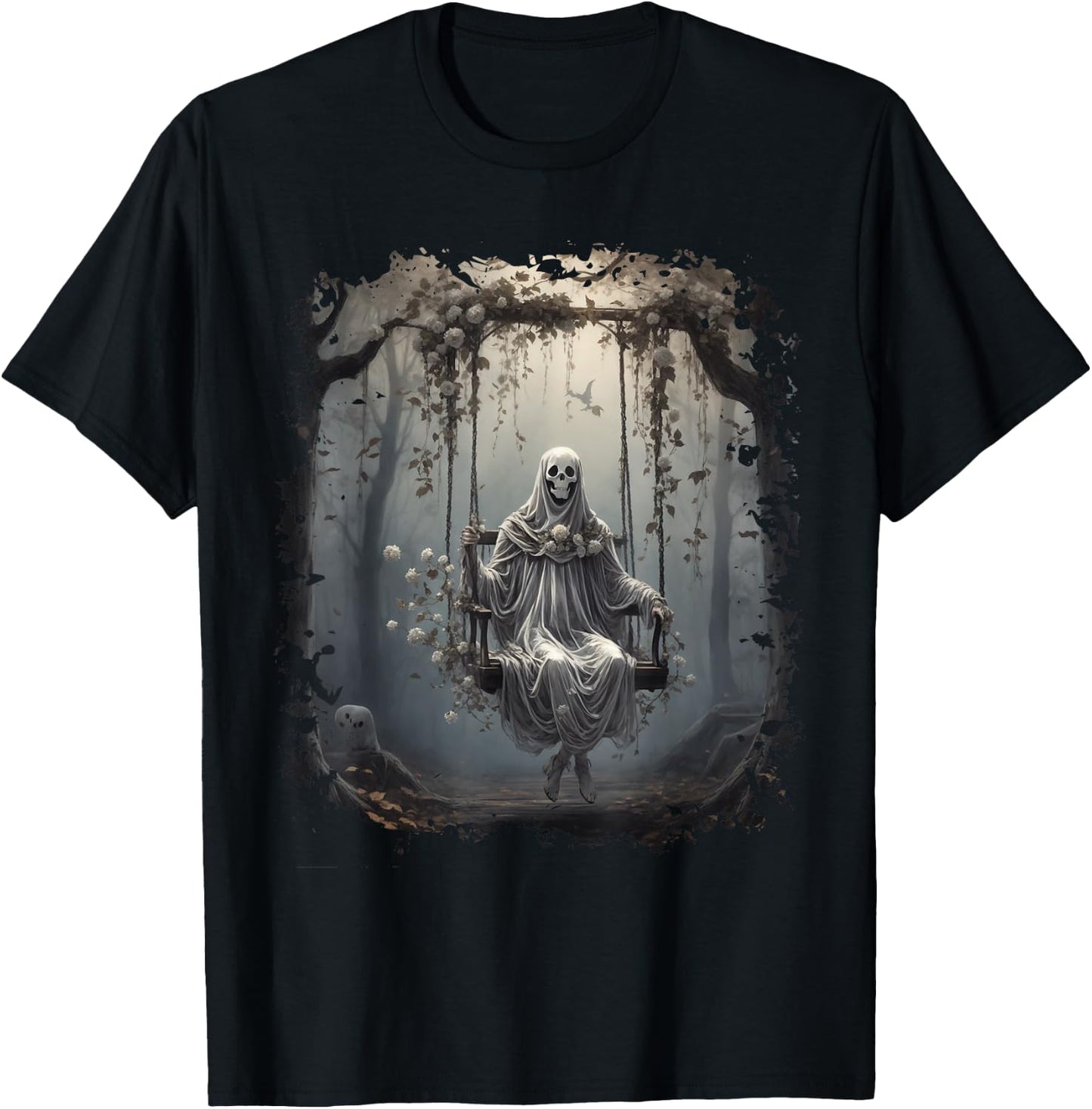 Vintage Floral Ghost On Swing In Forest Halloween Gothic T-Shirt - T-Shirt | Black