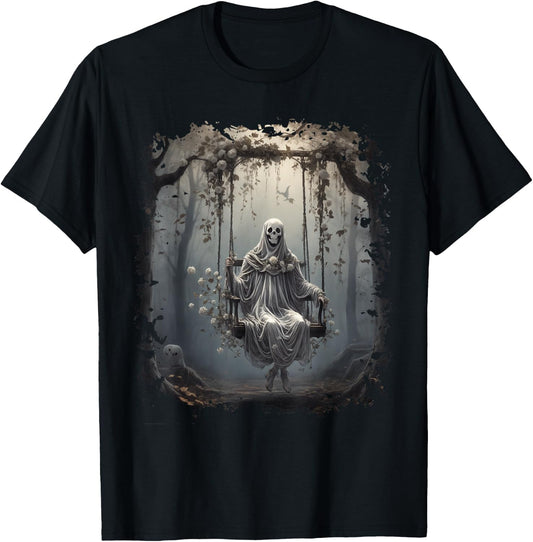 Vintage Floral Ghost On Swing In Forest Halloween Gothic T-Shirt - T-Shirt | Black