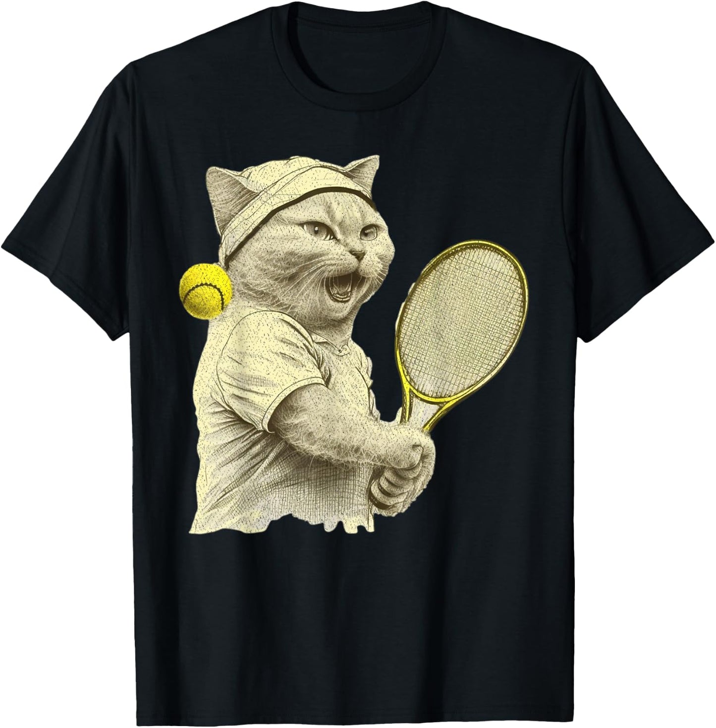 Vintage Cat Playing Tennis, Tennis Racquet, Kitties Lover T-Shirt - T-Shirt | Black
