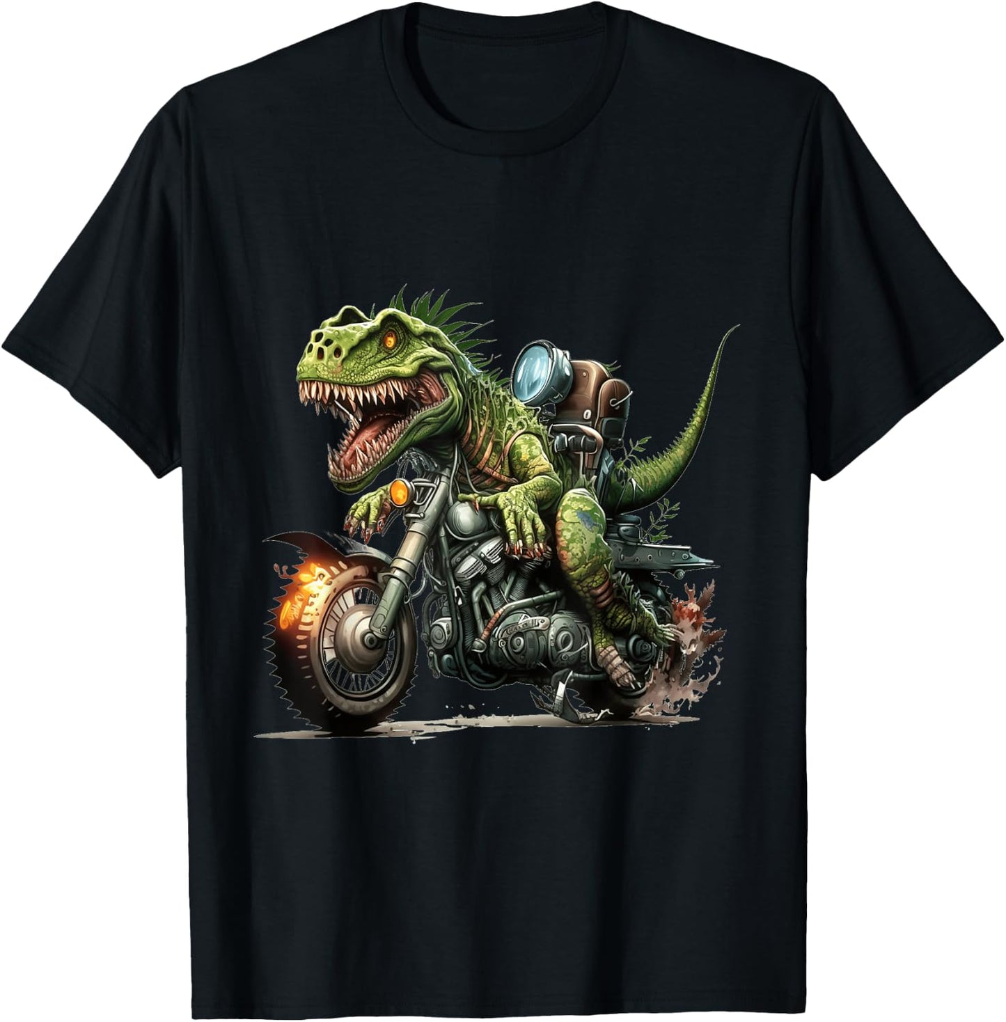 T-Rex Dinosaur Riding a Motorcycle with Flaming Tire T-Shirt - T-Shirt | Black