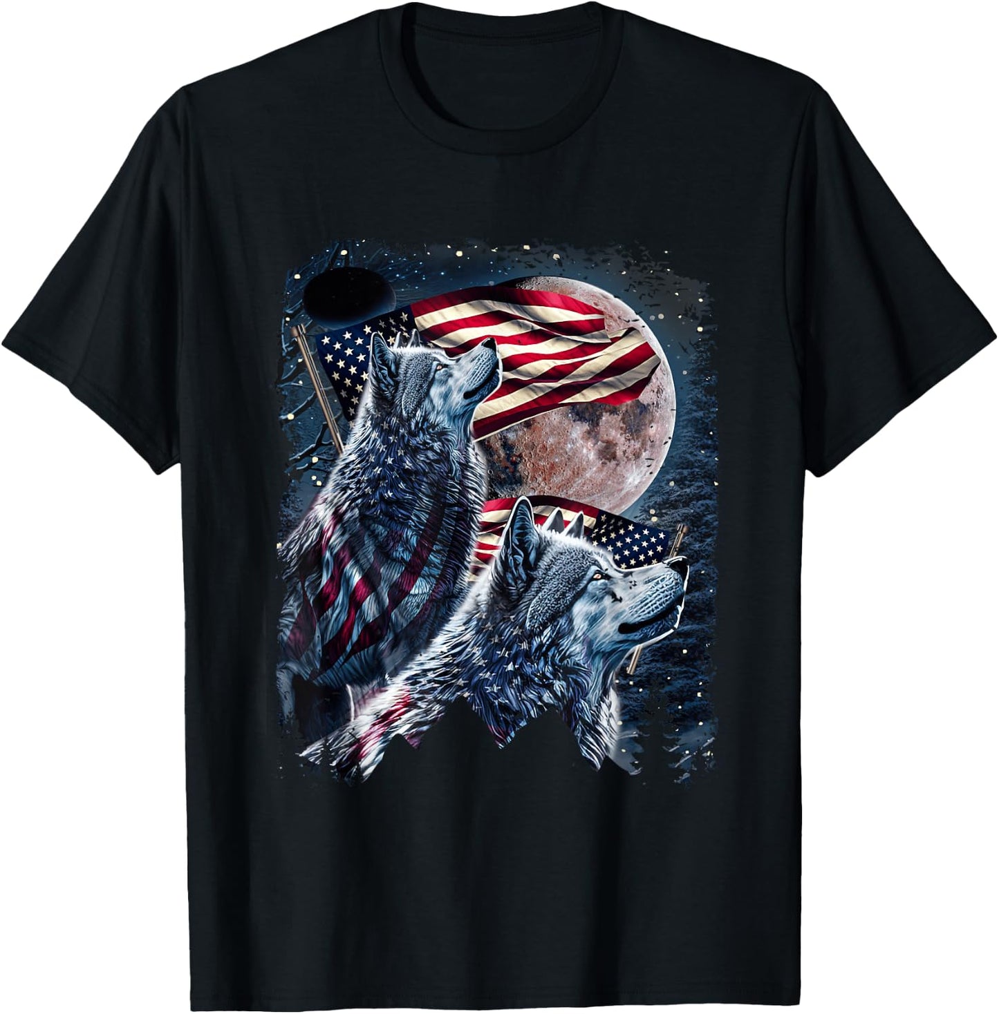 Wolf 4th of July American Flag Howling Wolves Under Moon T-Shirt - T-Shirt | Black
