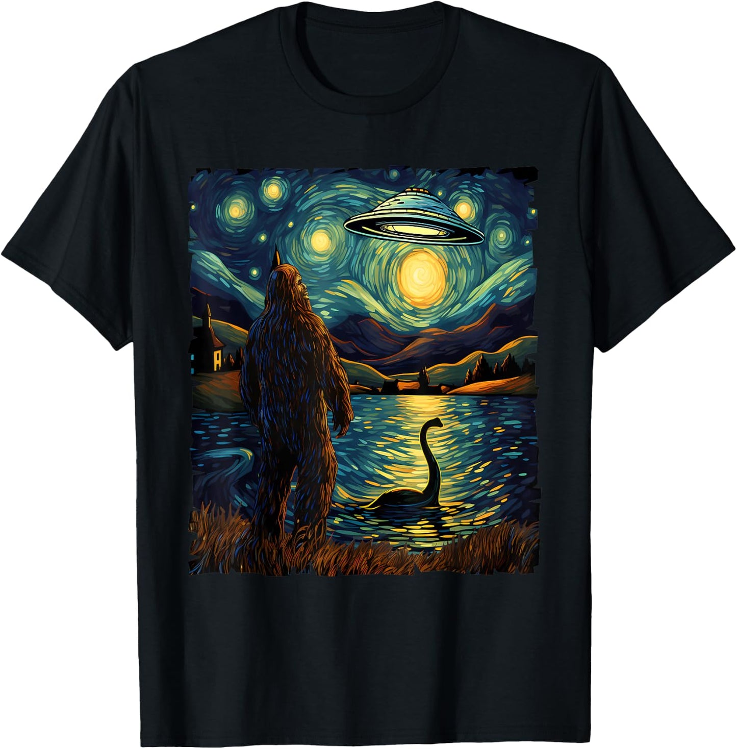 Funny Bigfoot UFO and Nessie Van Gogh Starry Night Painting T-Shirt - T-Shirt | Black