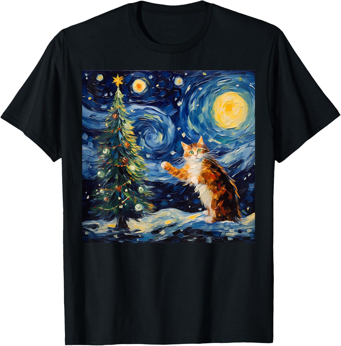 Funny Starry Night Christmas Kitty Kitten Xmas Tree Novelty T-Shirt - T-Shirt | Black
