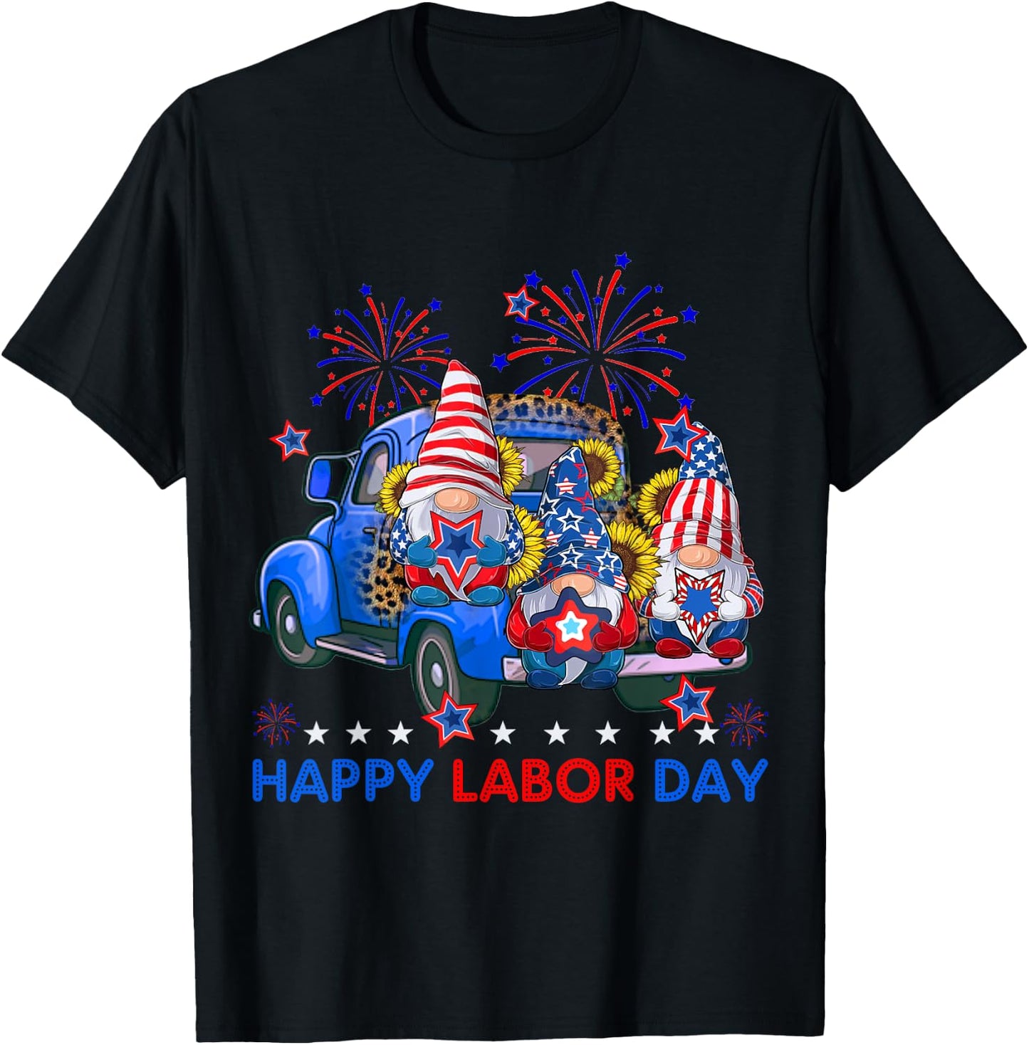 Happy Labor Day Fireworks American Flag And Funny Gnomes T-Shirt - T-Shirt | Black